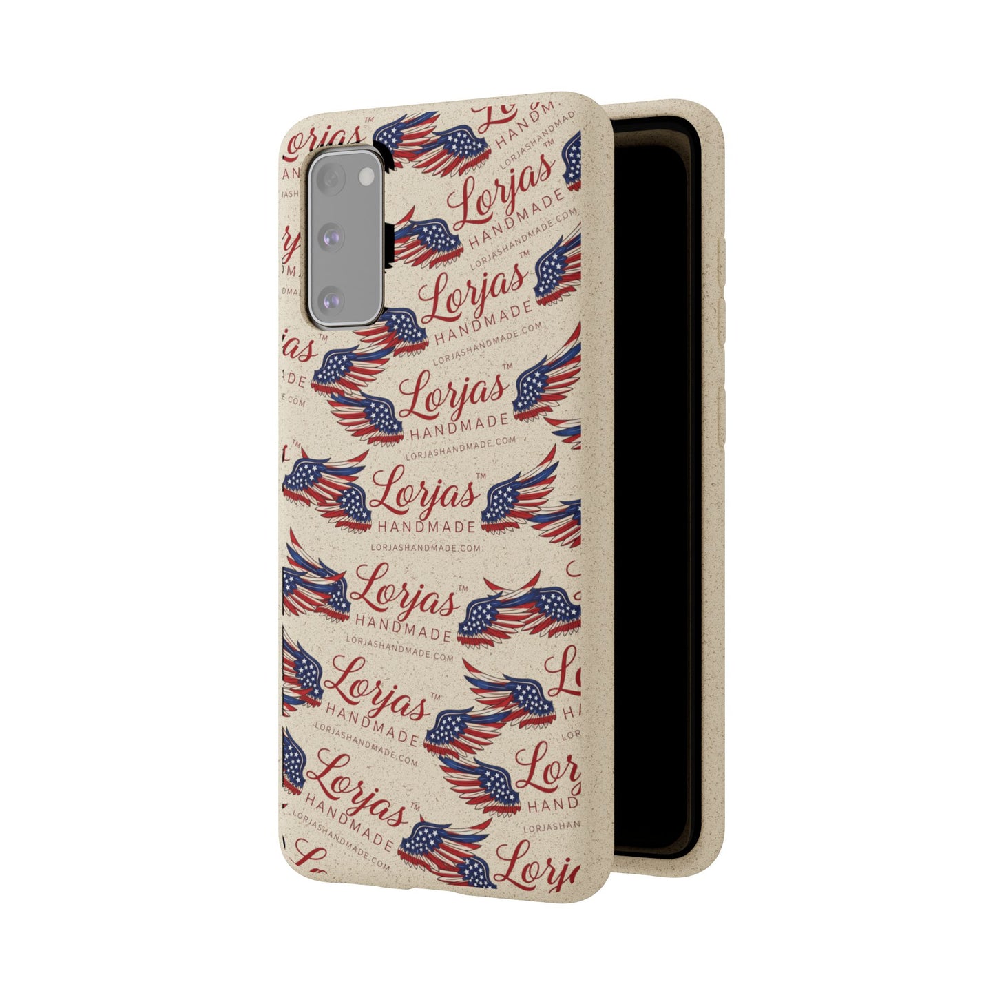 Phone case with 'Lorjas' branding and American flag design on a beige background