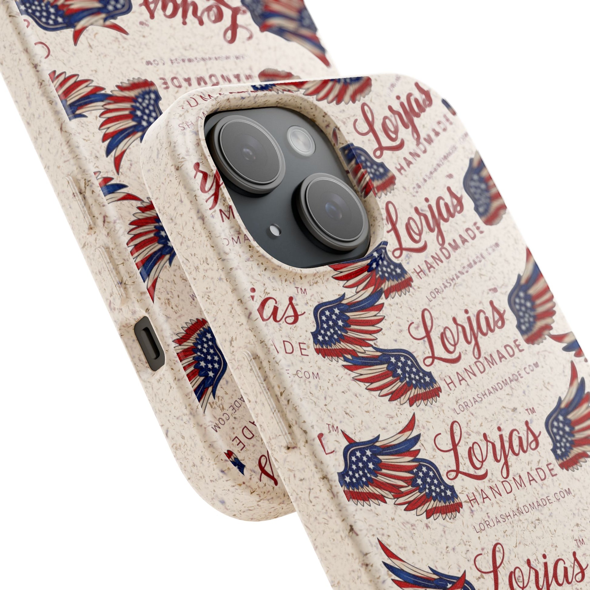 Phone case with American flag design and 'Lorjas Handmade' branding on a white background