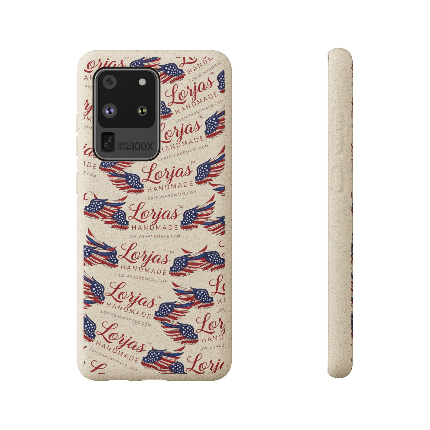 Phone case with American flag design and 'Lorjas Handmade' text on a white background