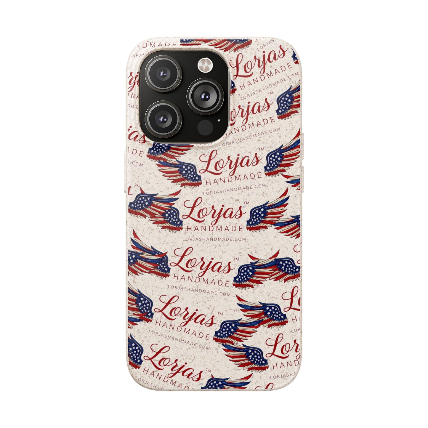 Phone case with American flag design and 'Lorjas Handmade' text on a white background