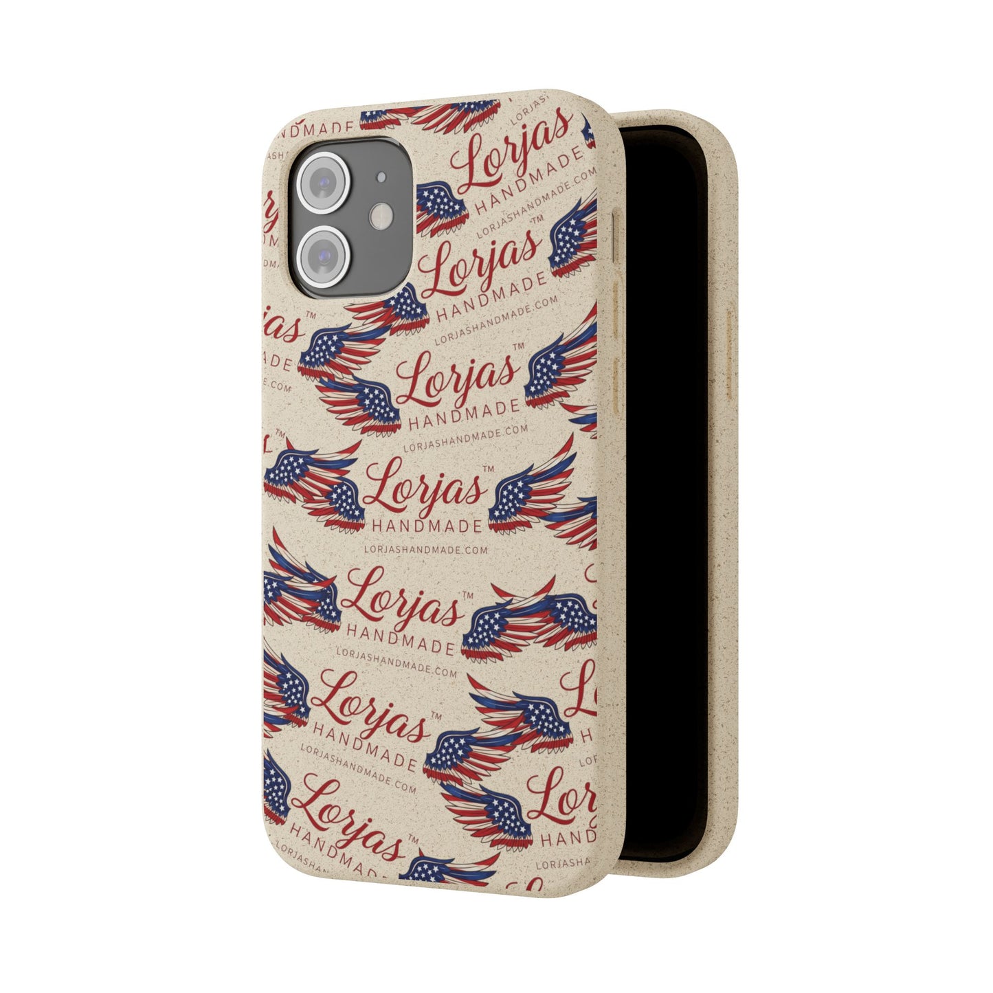 Phone case with American flag design and 'Lorjas Handmade' text on a white background