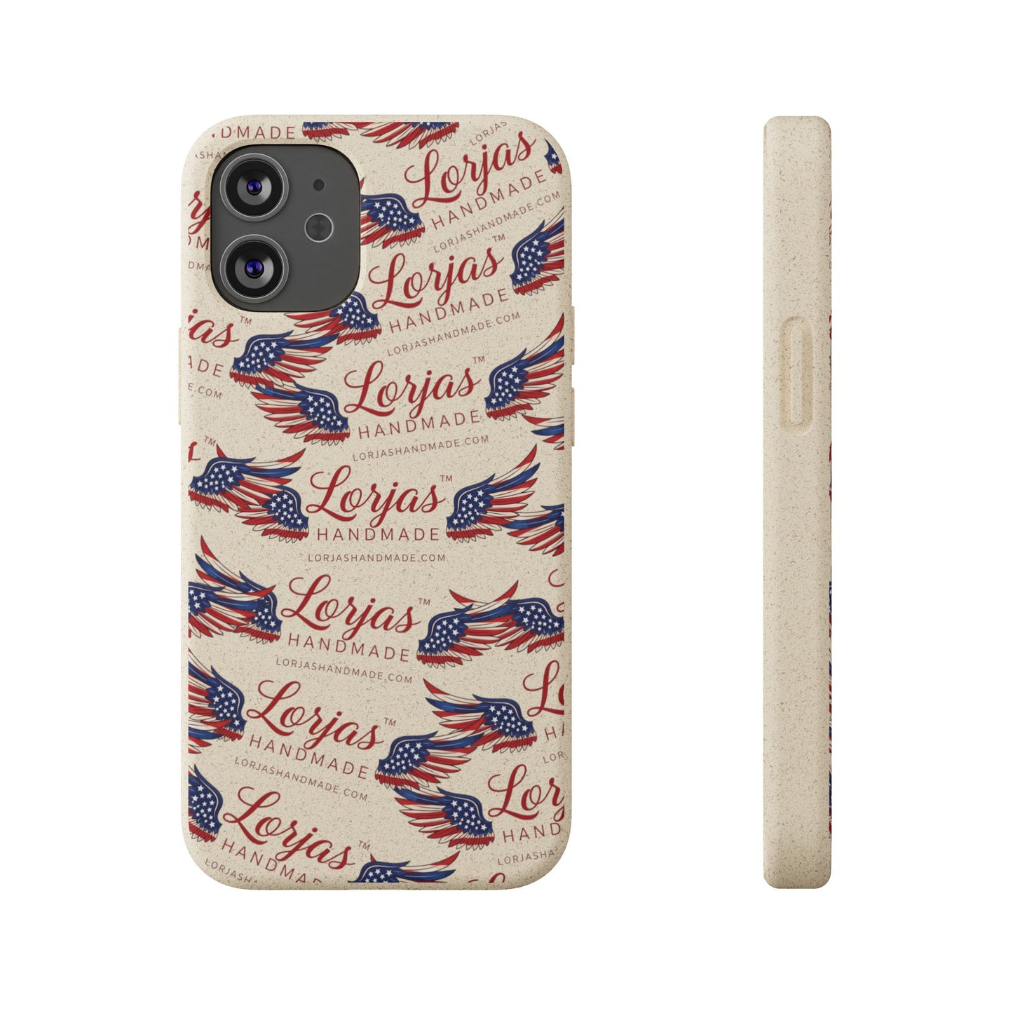Phone case with American flag design and 'Lorjas Handmade' text on a white background