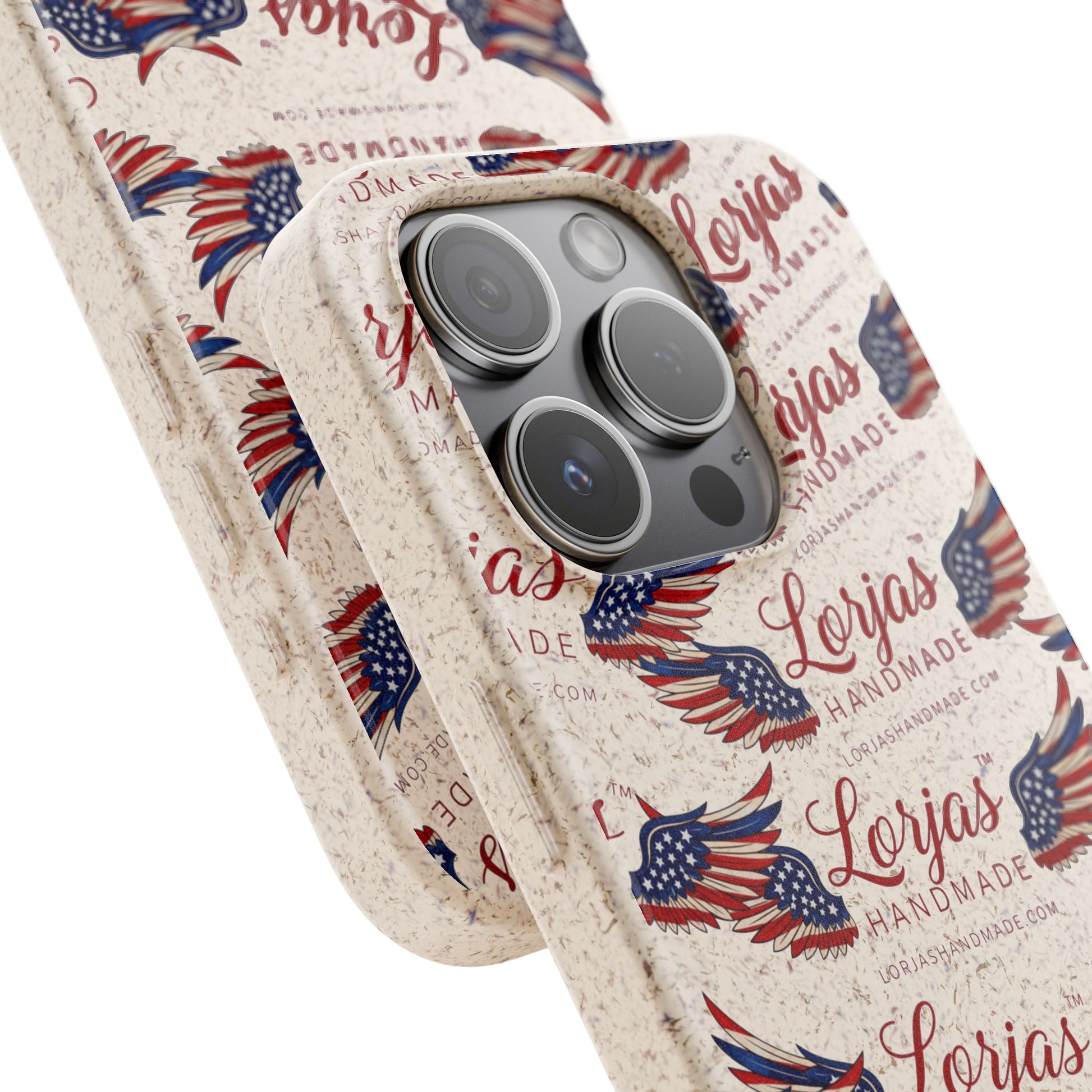Phone case with American flag design and 'Lorjas Handmade' branding on a white background