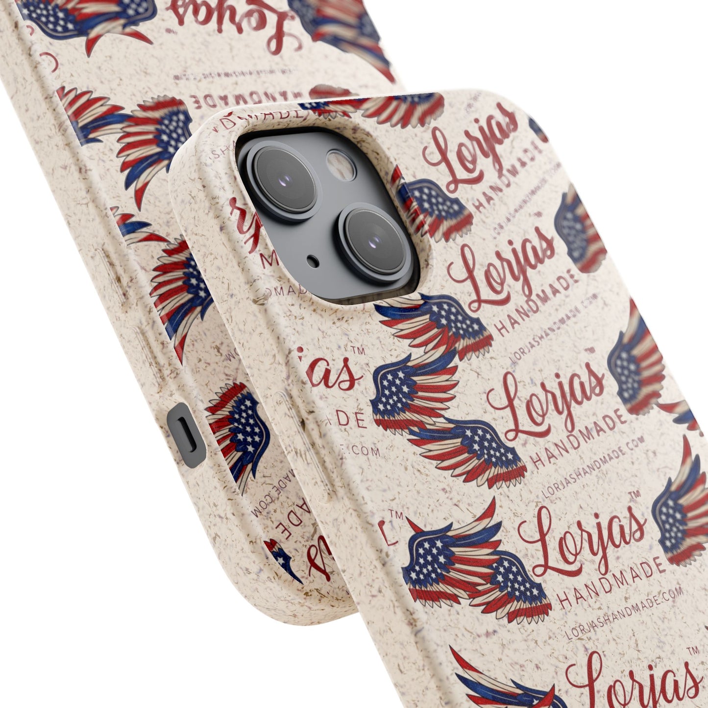 Phone case with American flag design and 'Lorjas Handmade' branding on a white background