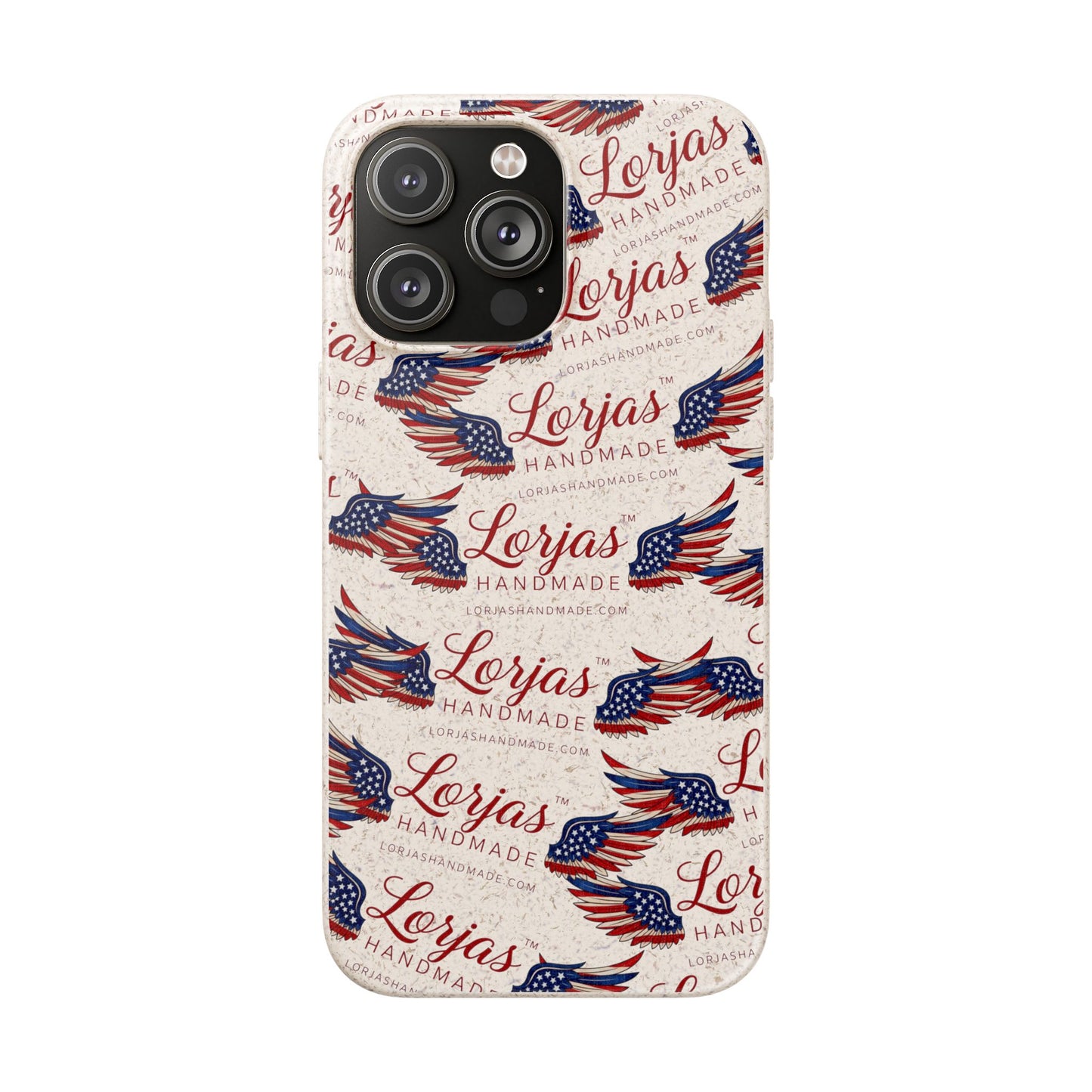 Phone case with American flag design and 'Lorjas Handmade' text on a white background