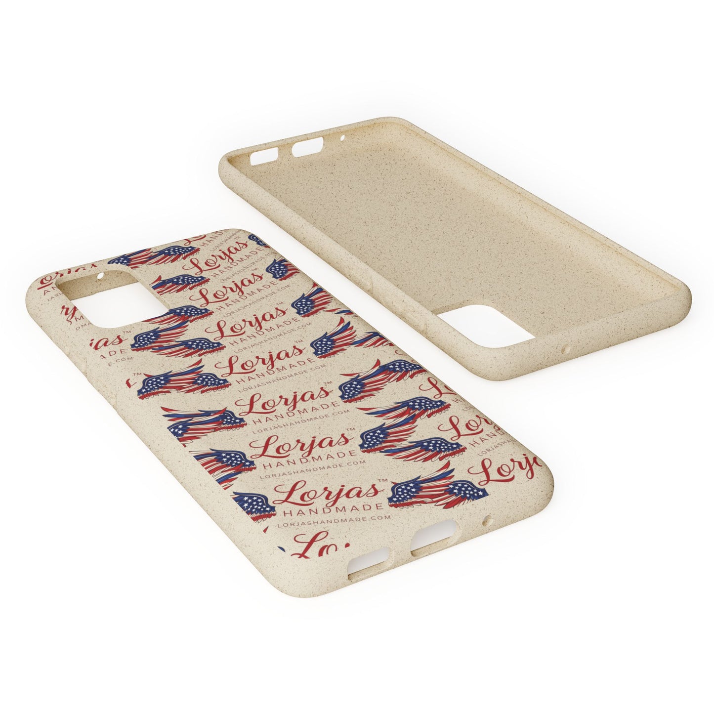 Phone case with American flag design and 'Lerjas' branding on a white background