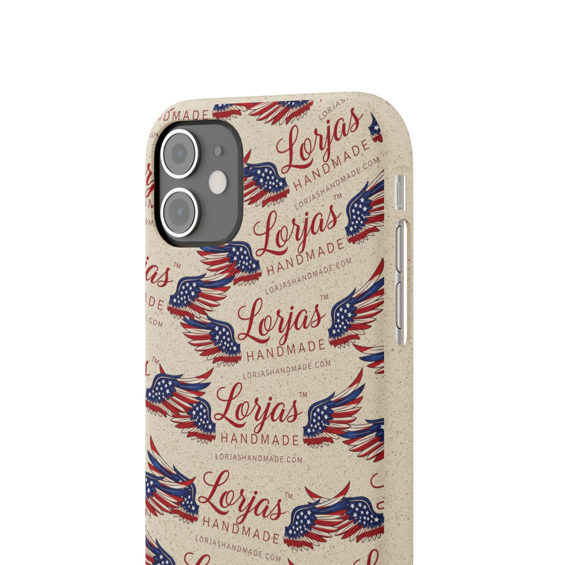 Phone case with 'Lorjas Handmade' branding and American flag design on a beige background