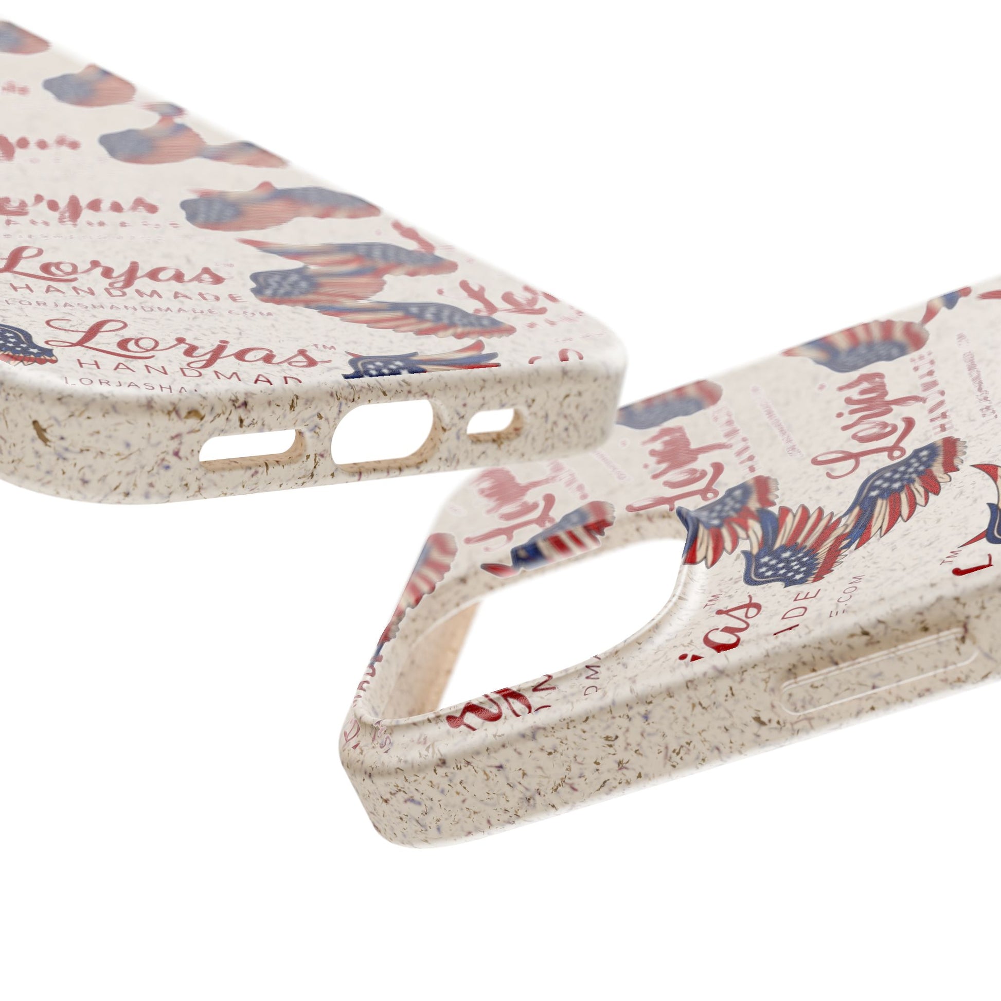 Close up of 2 smartphone cases and 'Lorjas Handmade' branding on a white background