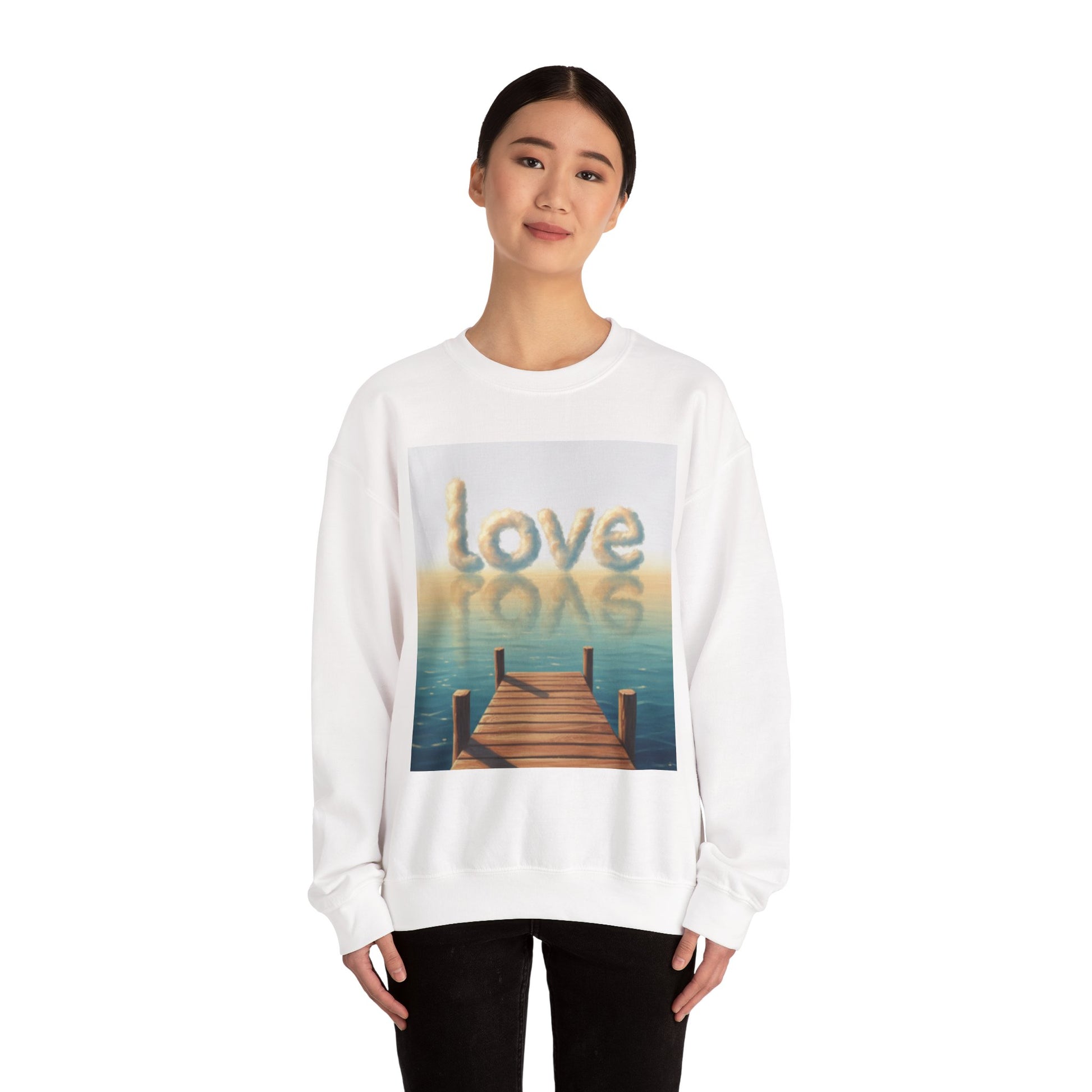Person wearing a white sweatshirt with a 'love' graphic design on a white background