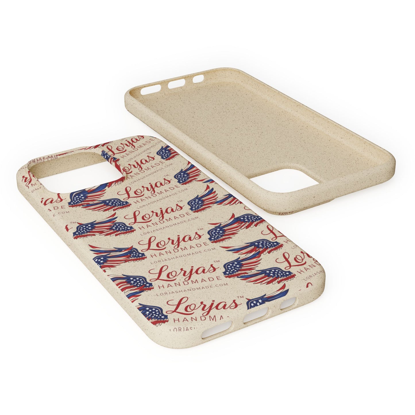 Phone case with American flag design and 'Lorjas' branding on a white background
