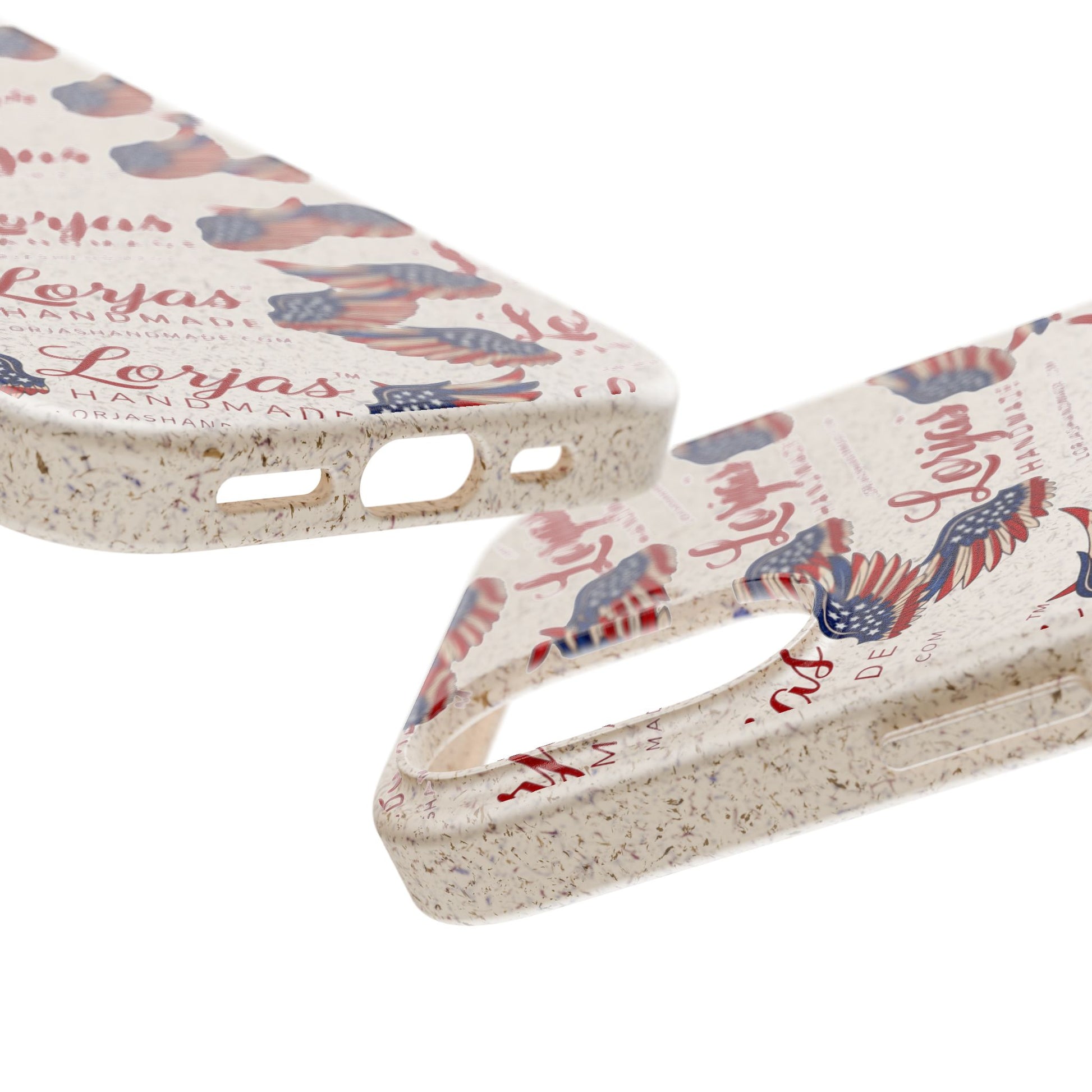 Close up of 2 smartphone cases and 'Lorjas Handmade' branding on a white background