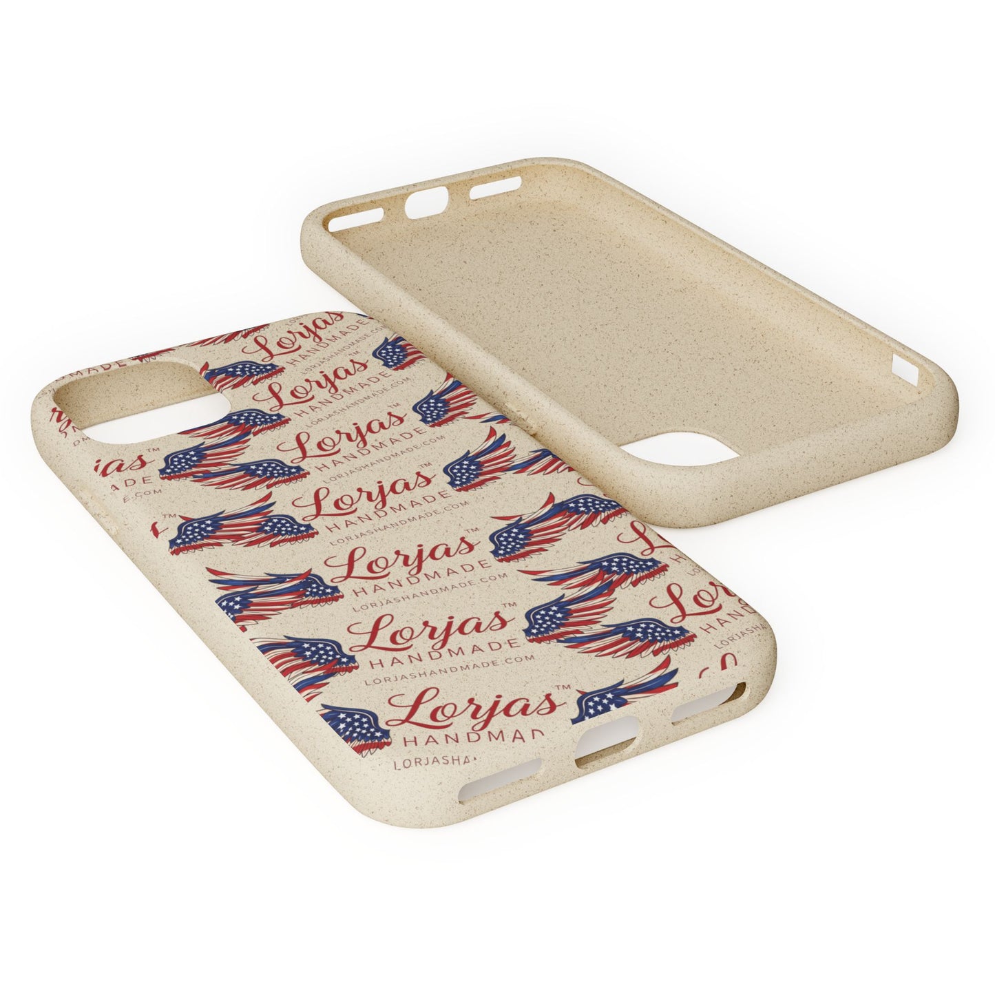 Phone case with American flag design and 'Lorjas' branding on a white background