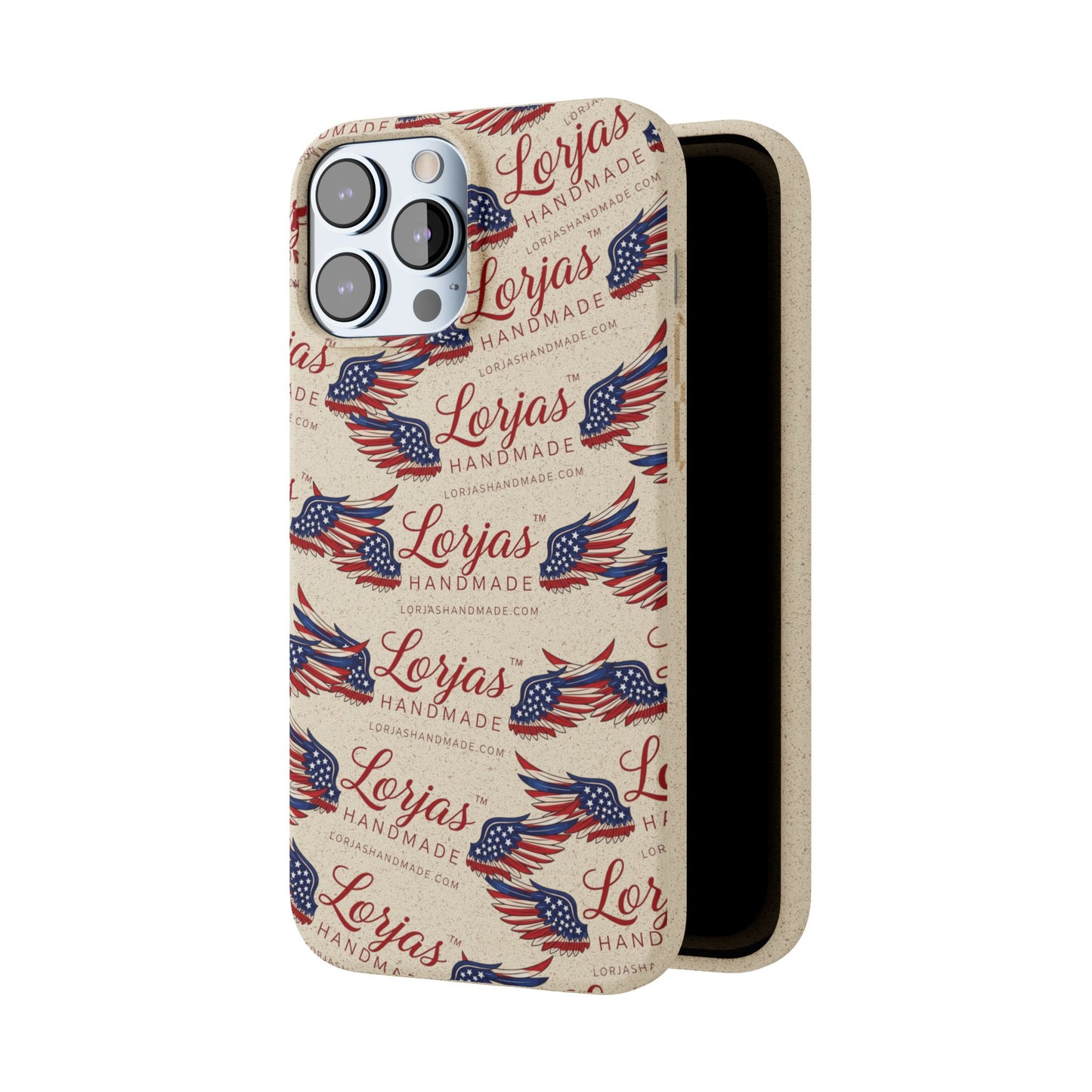 Phone case with 'Lorjas Handmade' branding and American flag design on a beige background