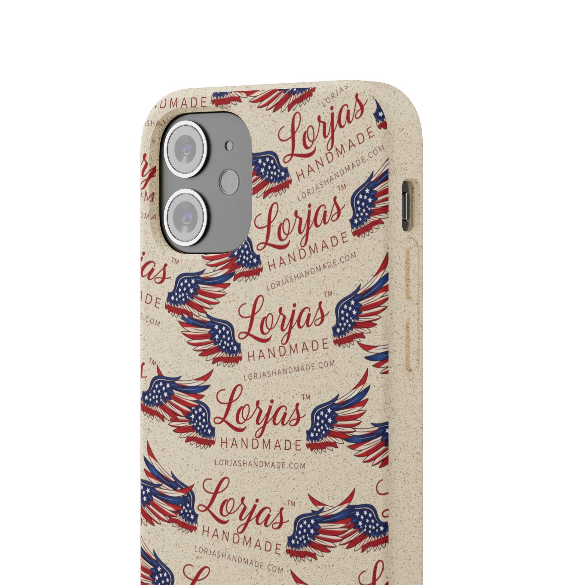 Phone case with American flag design and 'Lorjas Handmade' text on a white background