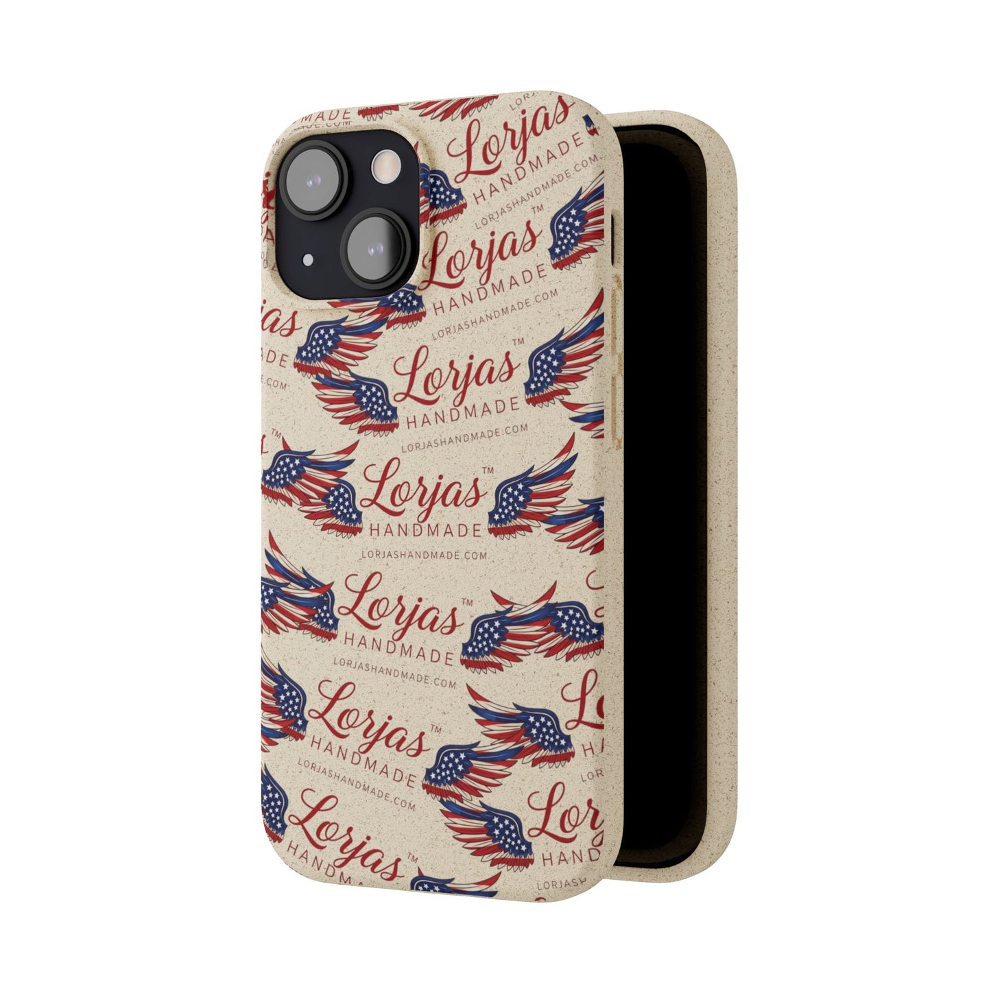 Phone case with 'Lorjas' branding and American flag design on a beige background