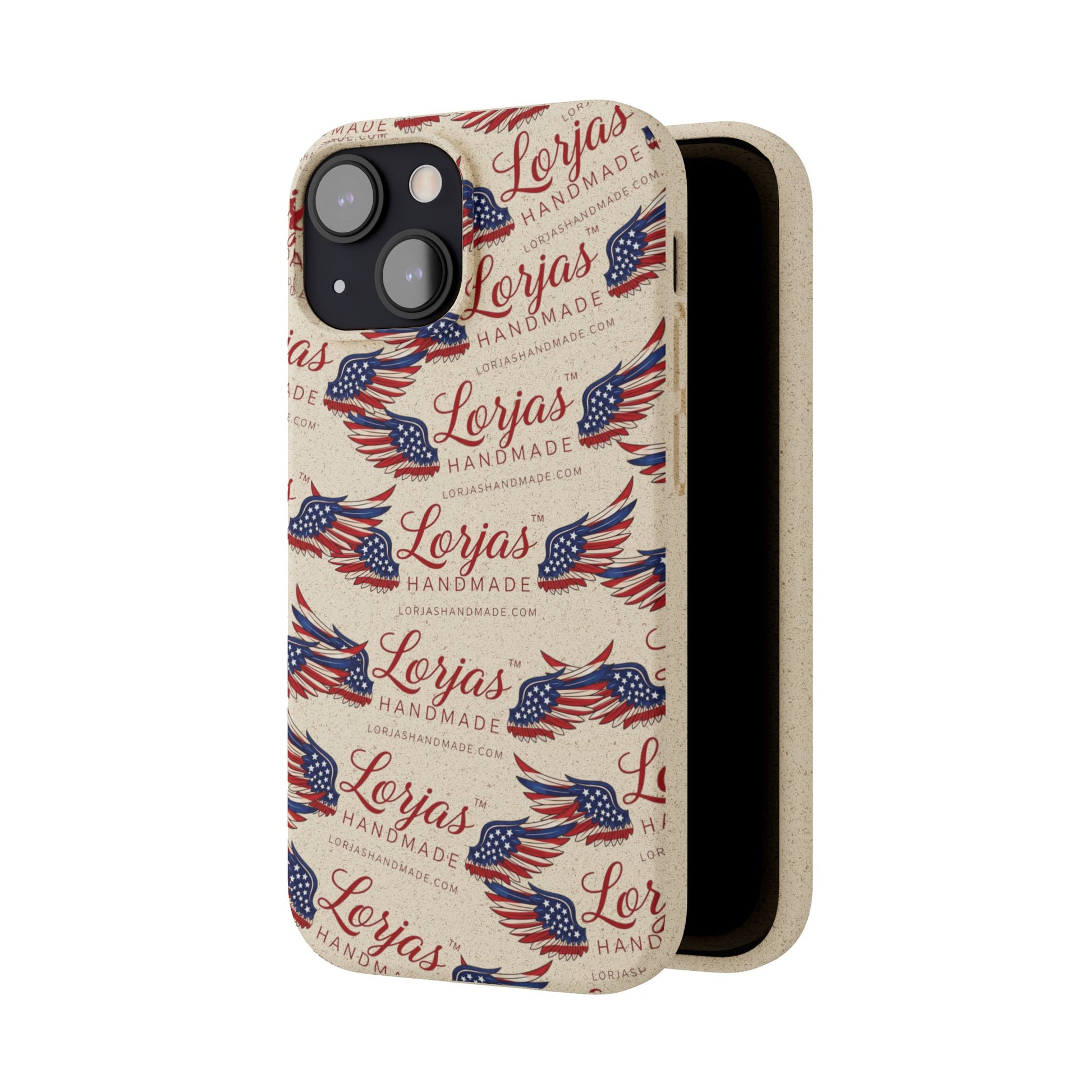 Phone case with 'Lorjas' branding and American flag design on a beige background