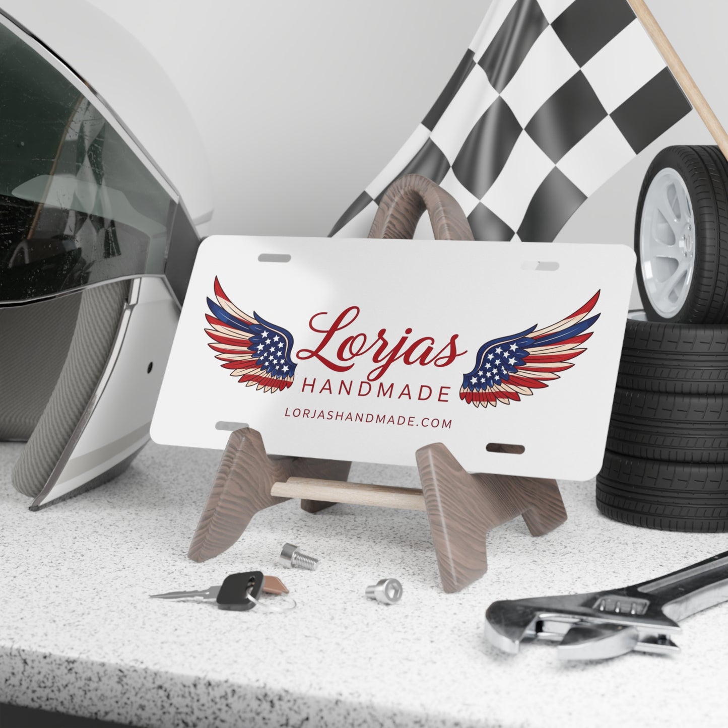 Vanity Plate - "LorJas Handmade" American Flag Wings License Plate | Patriotic Decorative Plate for Cars, Trucks, Motorcycles, Gifts