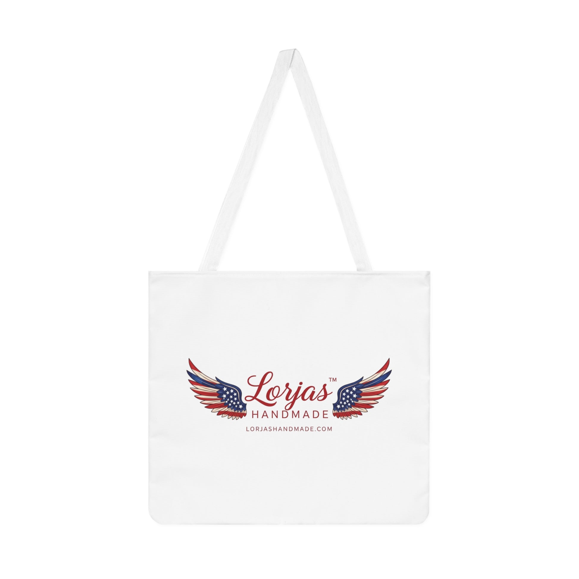 White tote bag with 'Lorjas Handmade' logo featuring wings on a white background