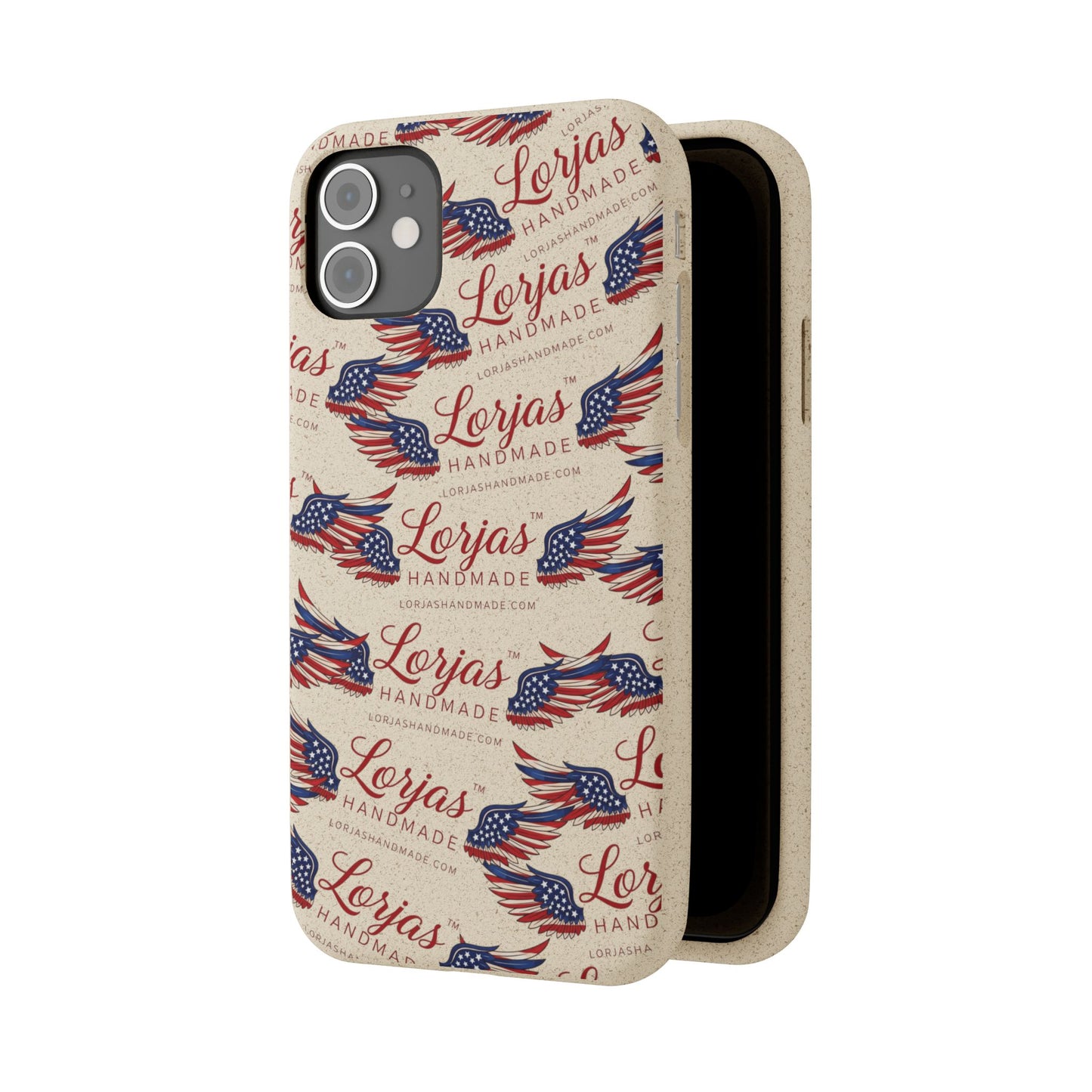 Phone case with 'Lerjas Handmade' branding and eagle design on a beige background