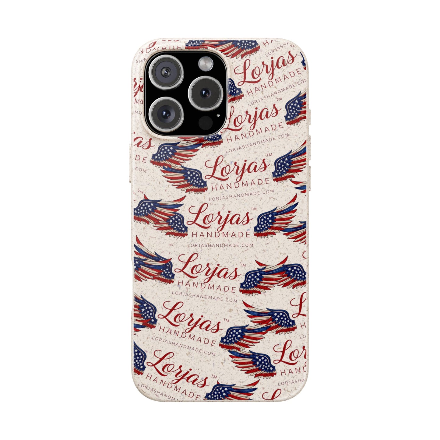 Phone case with American flag design and 'Lorjas Handmade' text on a white background