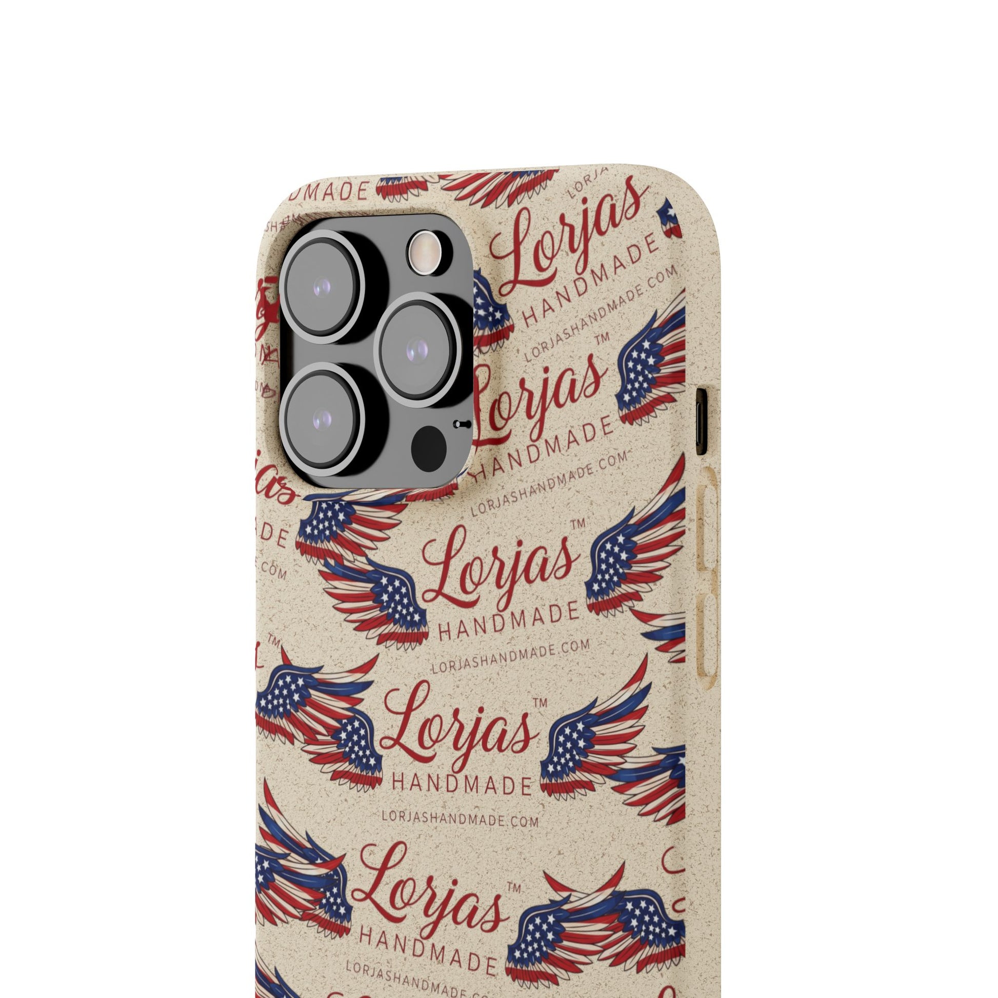 Phone case with 'Lorjas Handmade' branding and American flag design on a beige background
