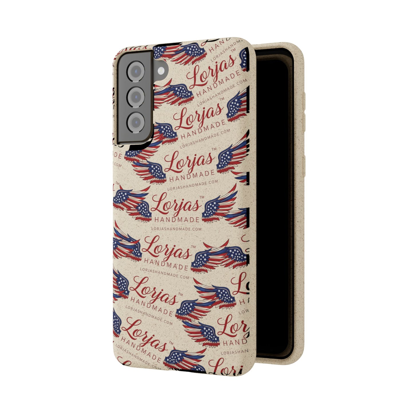 Phone case with 'Lorjas Handmade' pattern on a white background