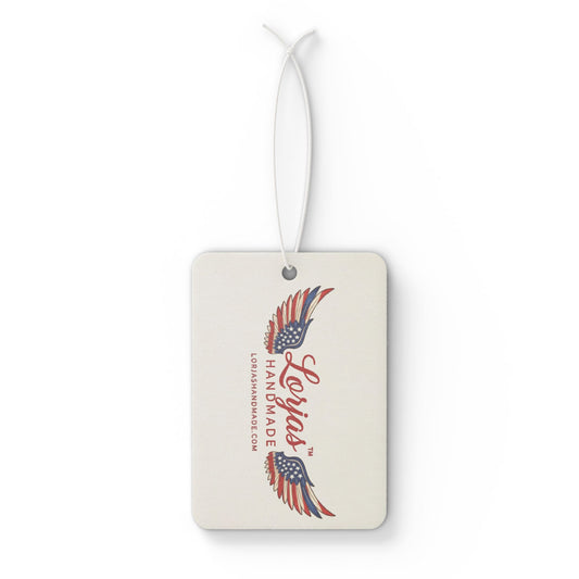 Car air freshener tag with LorJas Handmade brand logo americana flag design on a white background