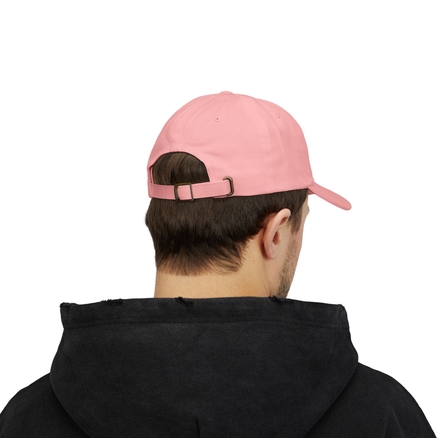 Male model wearing a pink cap from behind on a white background