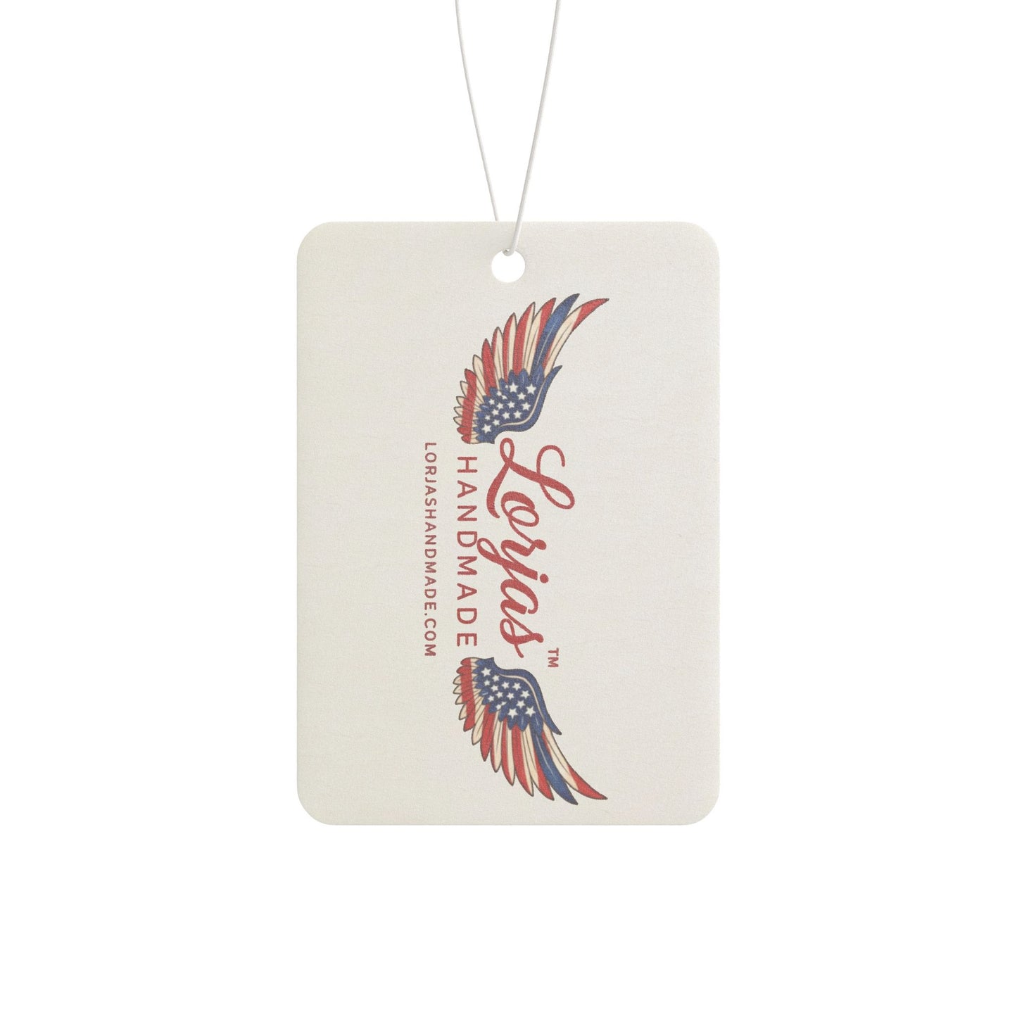 Car air freshener tag with LorJas Handmade brand logo americana flag design on a white background