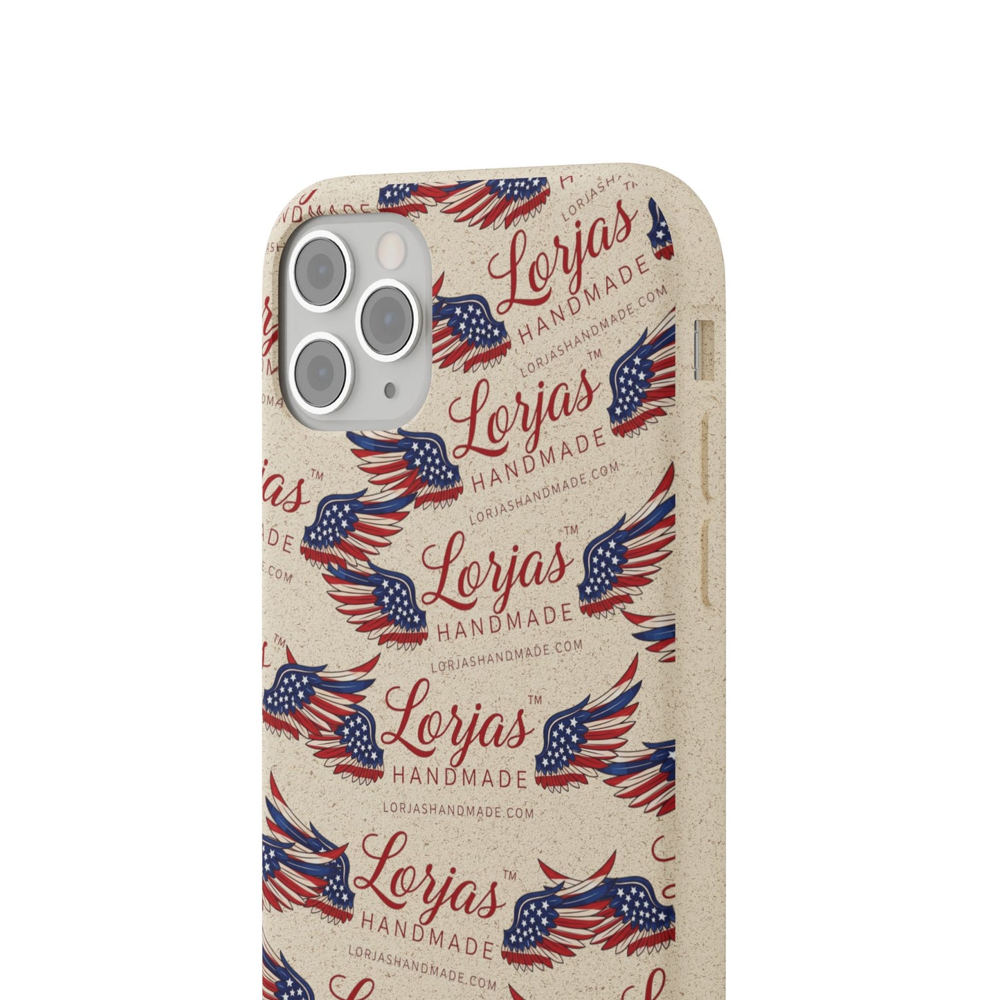 Phone case with 'Lorjas Handmade' branding and American flag design on a beige background