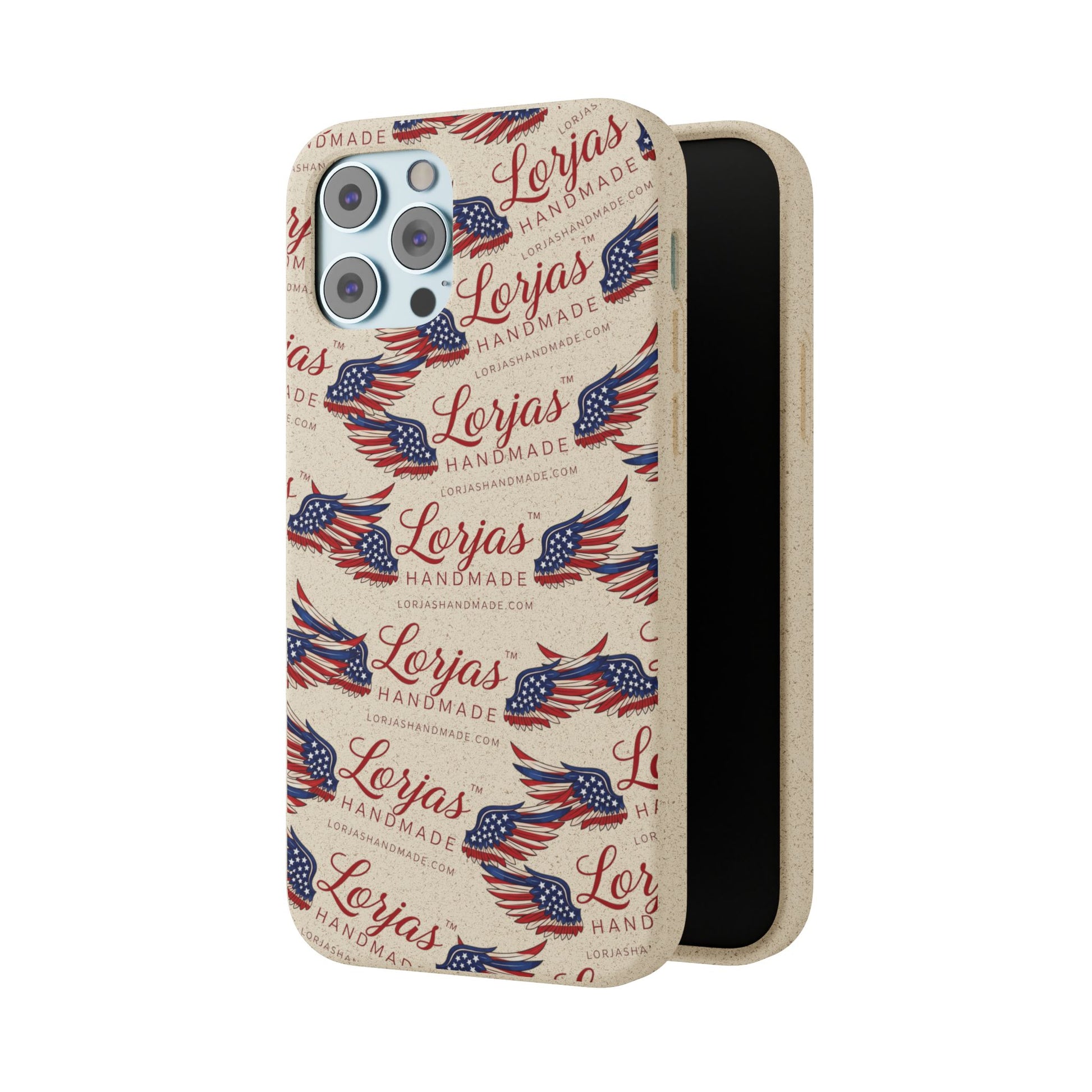 Phone case with American flag design and 'Lorjas Handmade' text on a white background