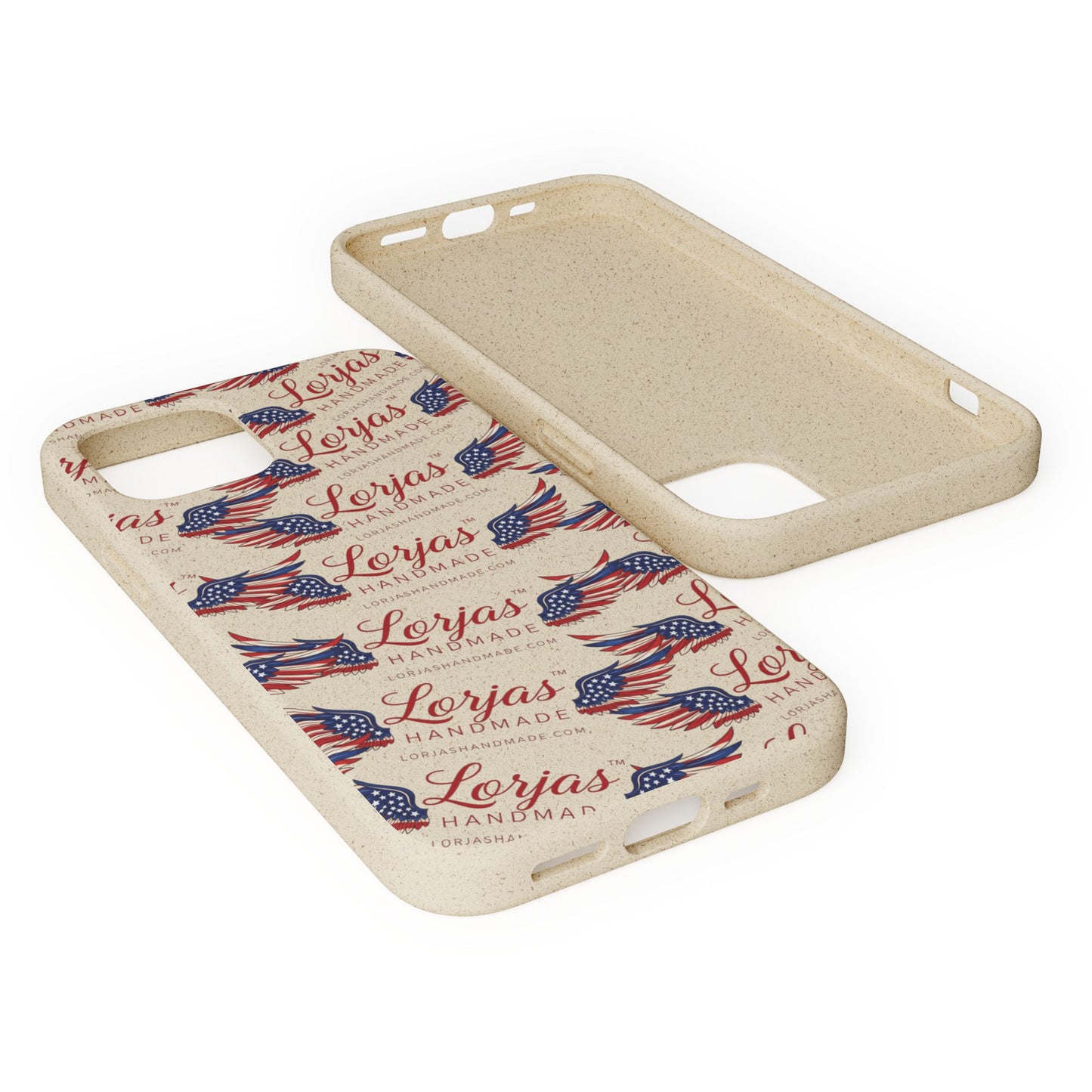 Phone case with American flag design and 'Lorjas Handmade' text on a white background