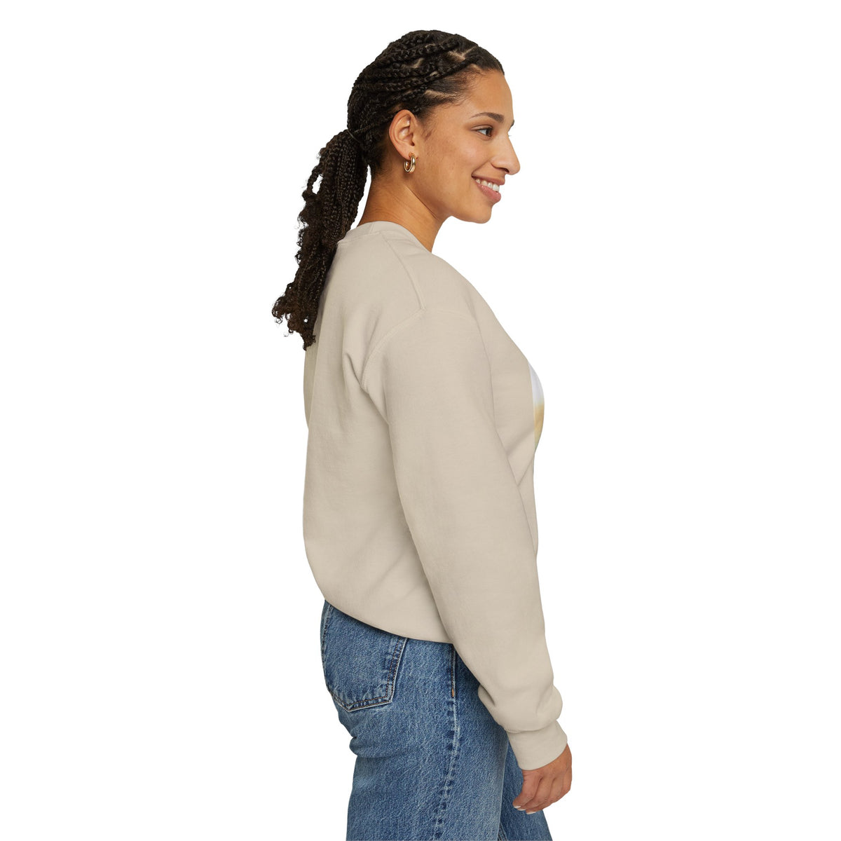 Woman wearing a beige sweatshirt with text on a white background
