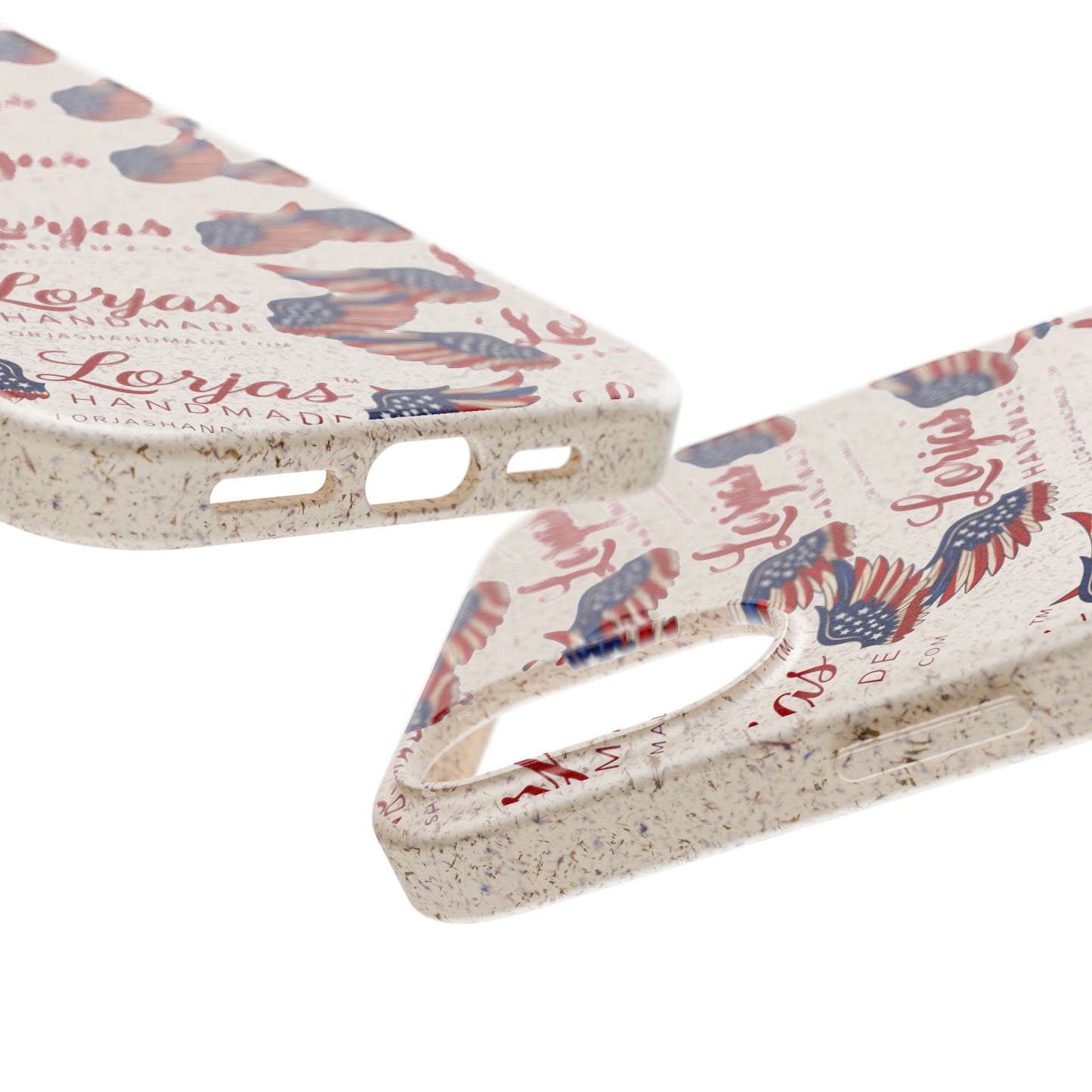 Close up of 2 smartphone cases and 'Lorjas' branding on a white background