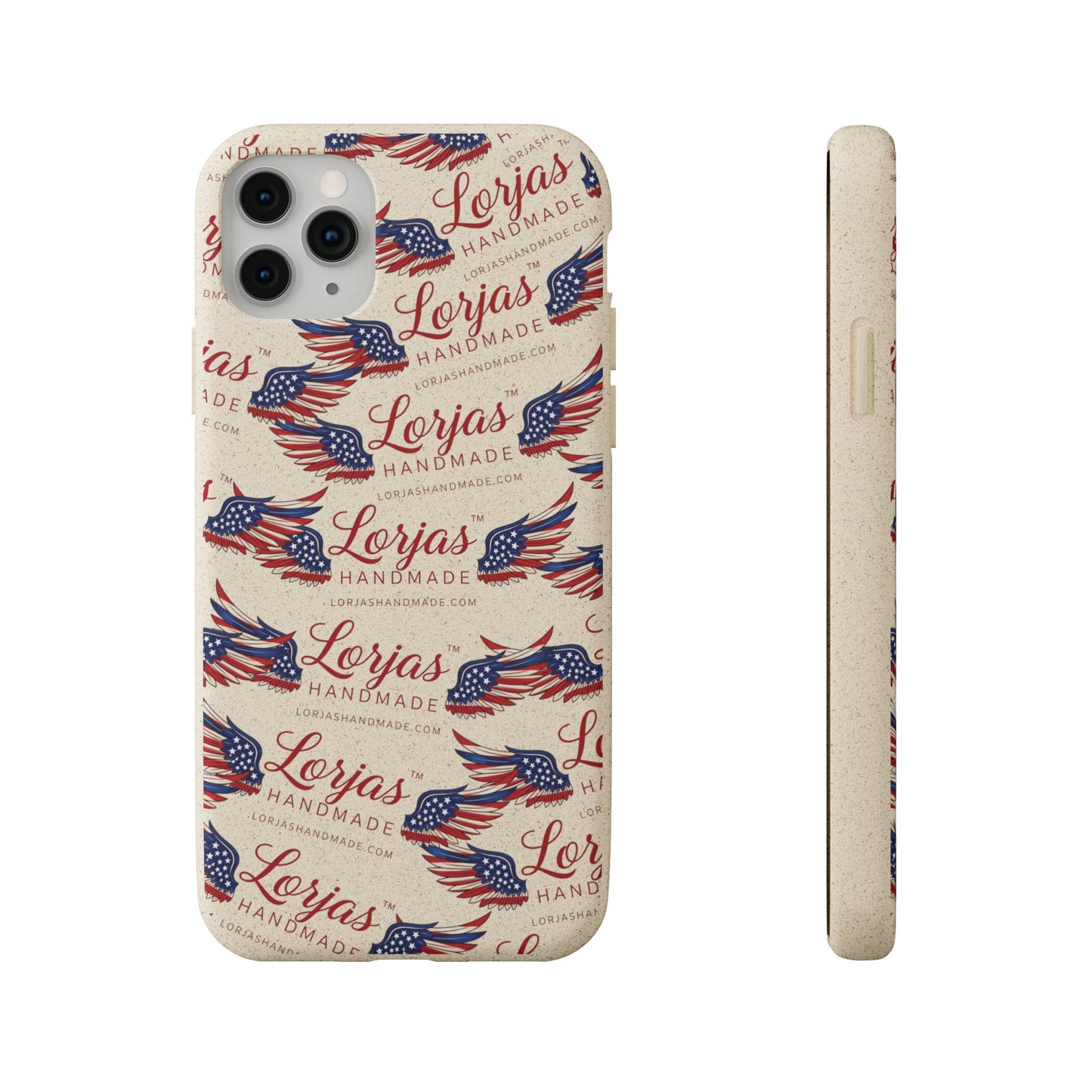 Phone case with American flag design and 'Lorjas Handmade' text on a white background