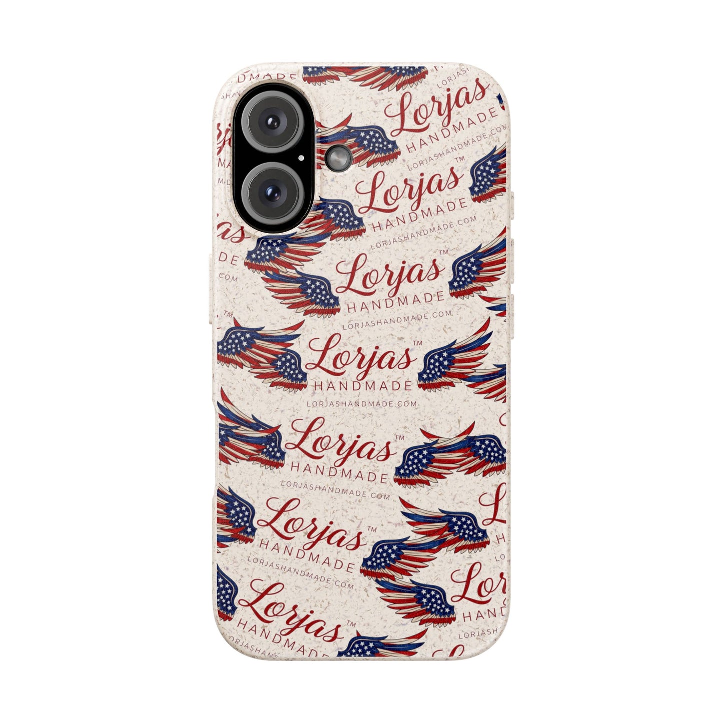 Phone case with American flag design and 'Lorjas Handmade' text on a white background
