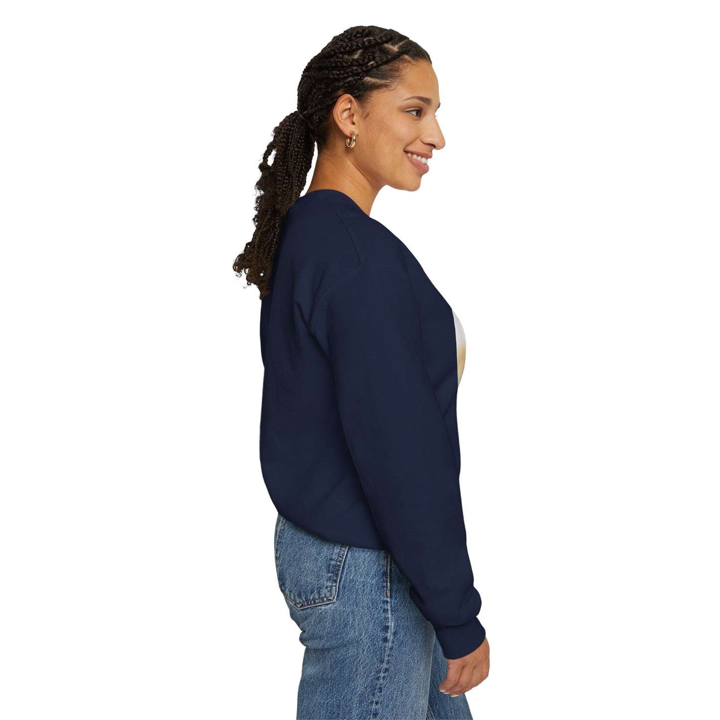 Woman wearing a navy blue sweatshirt with text on the back, standing against a white background