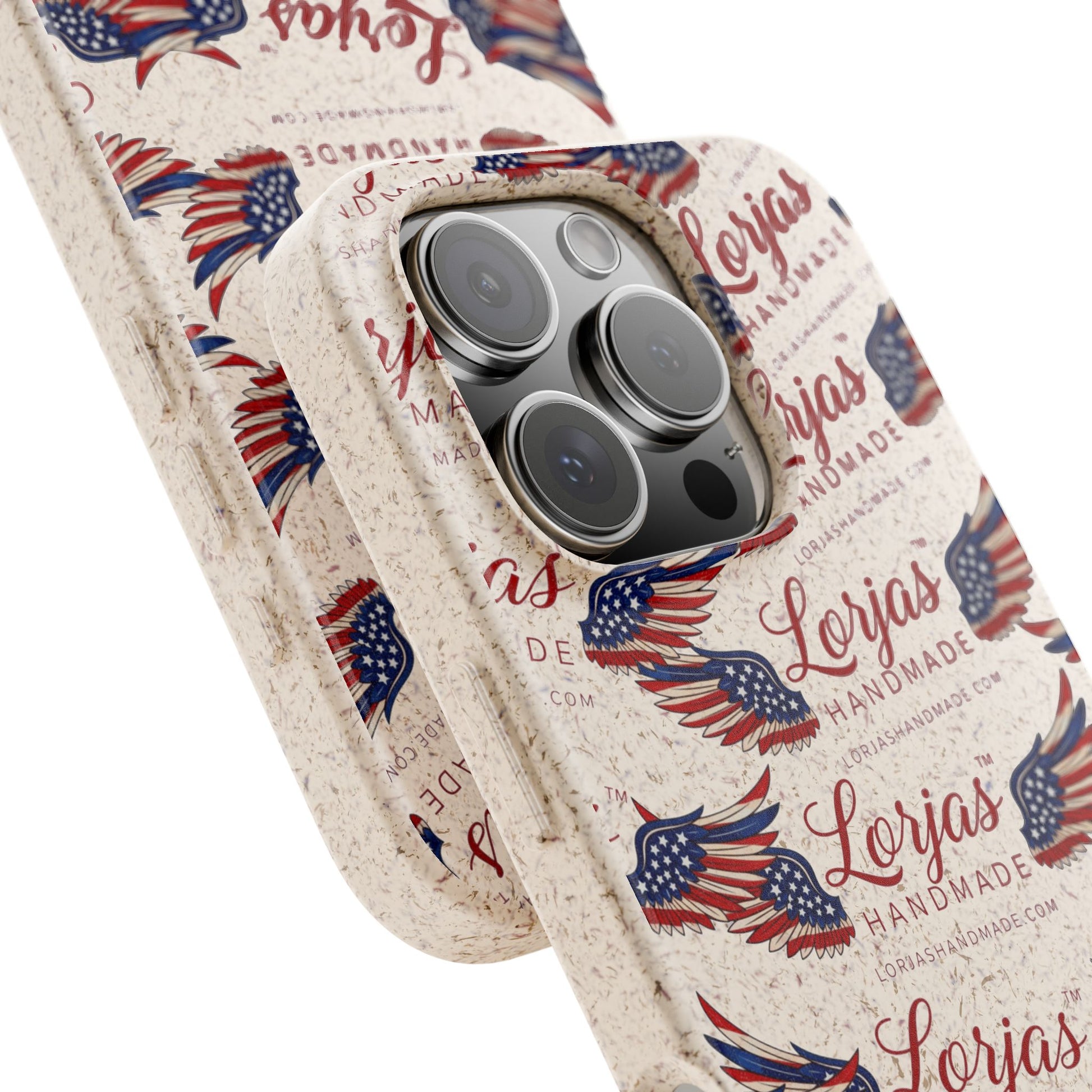 Phone case with American flag design and 'Lorjas Handmade' branding on a white background