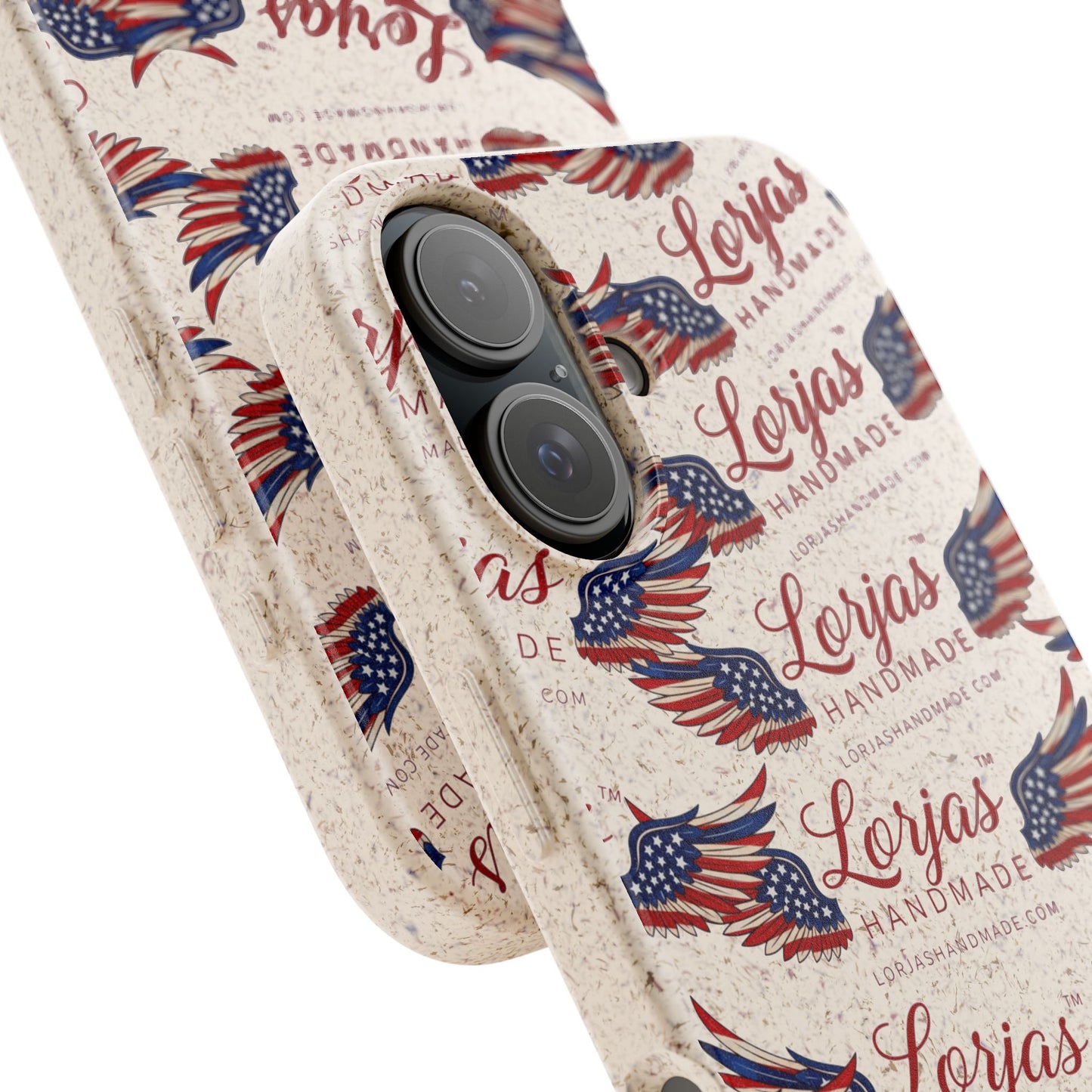 Phone case with American flag design and 'Lorjas Handmade' branding on a white background