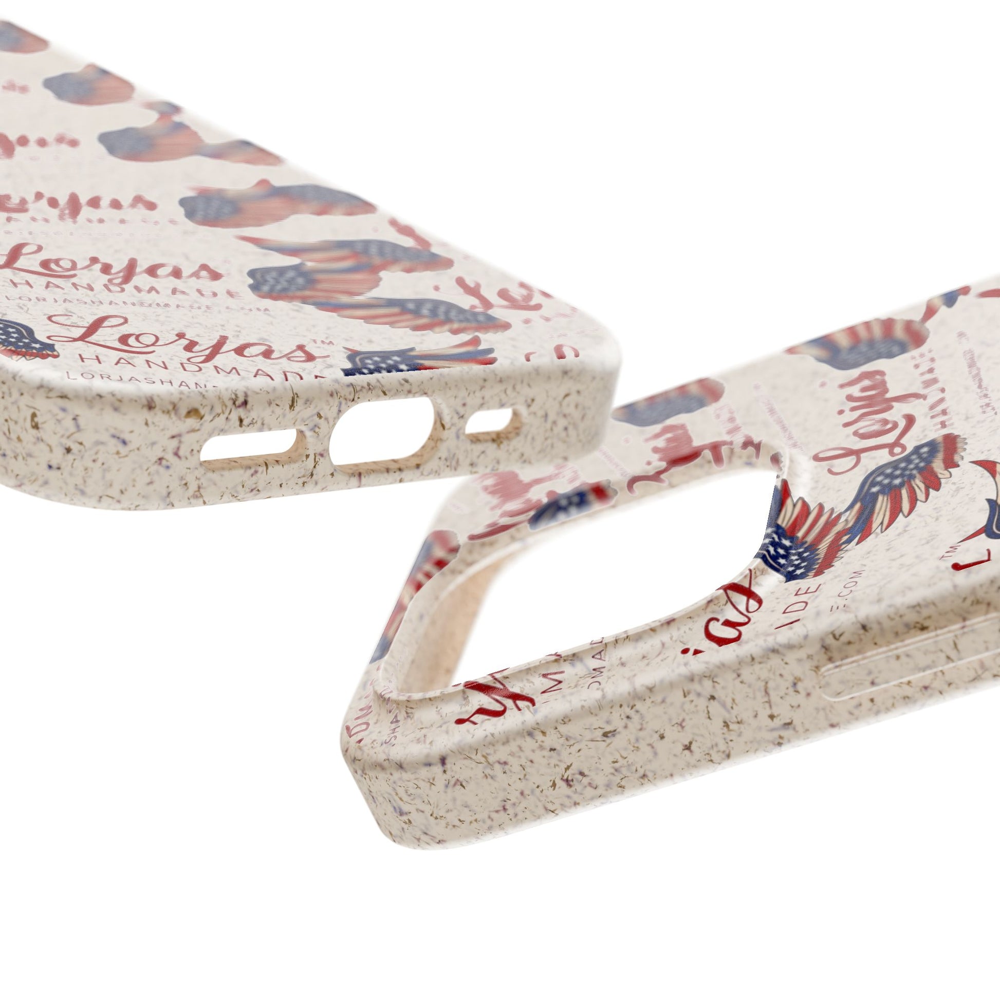 Close up of 2 smartphone cases and 'Lorjas Handmade' branding on a white background