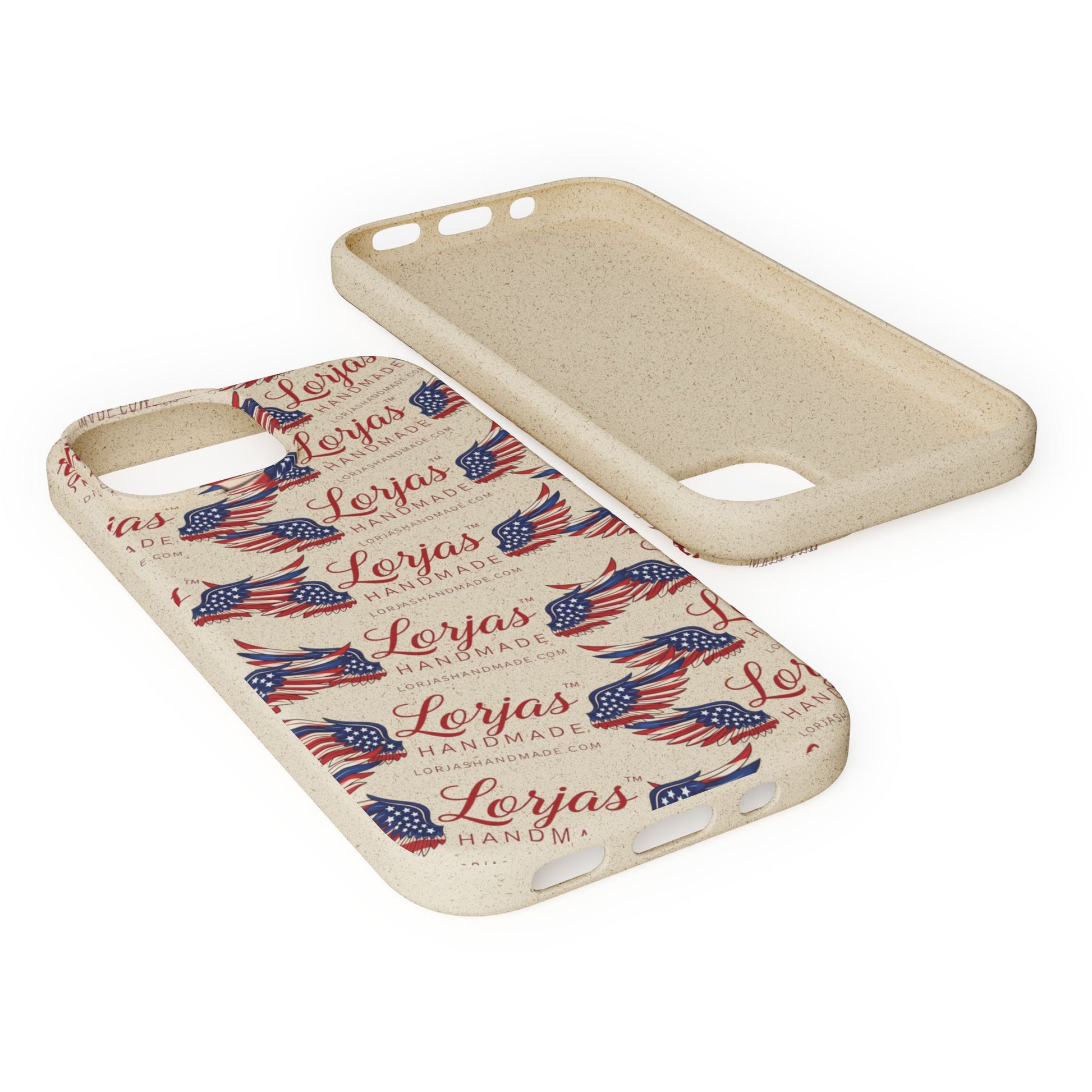 Phone case with American flag design and 'Lerjas' branding on a white background