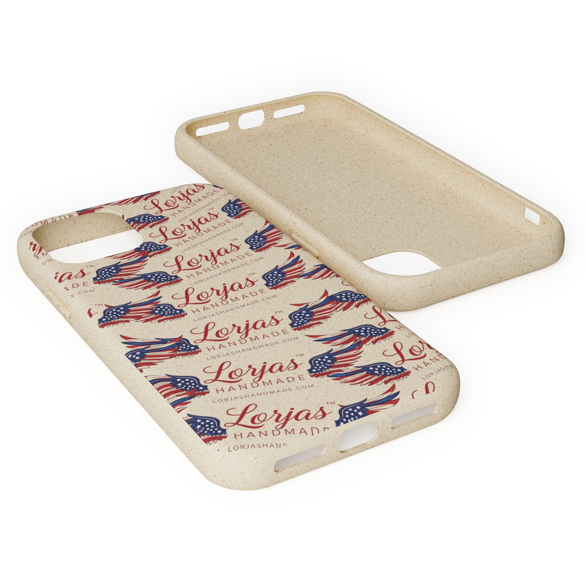 Phone case with American flag design and 'Lorjas Handmade' text on a white background