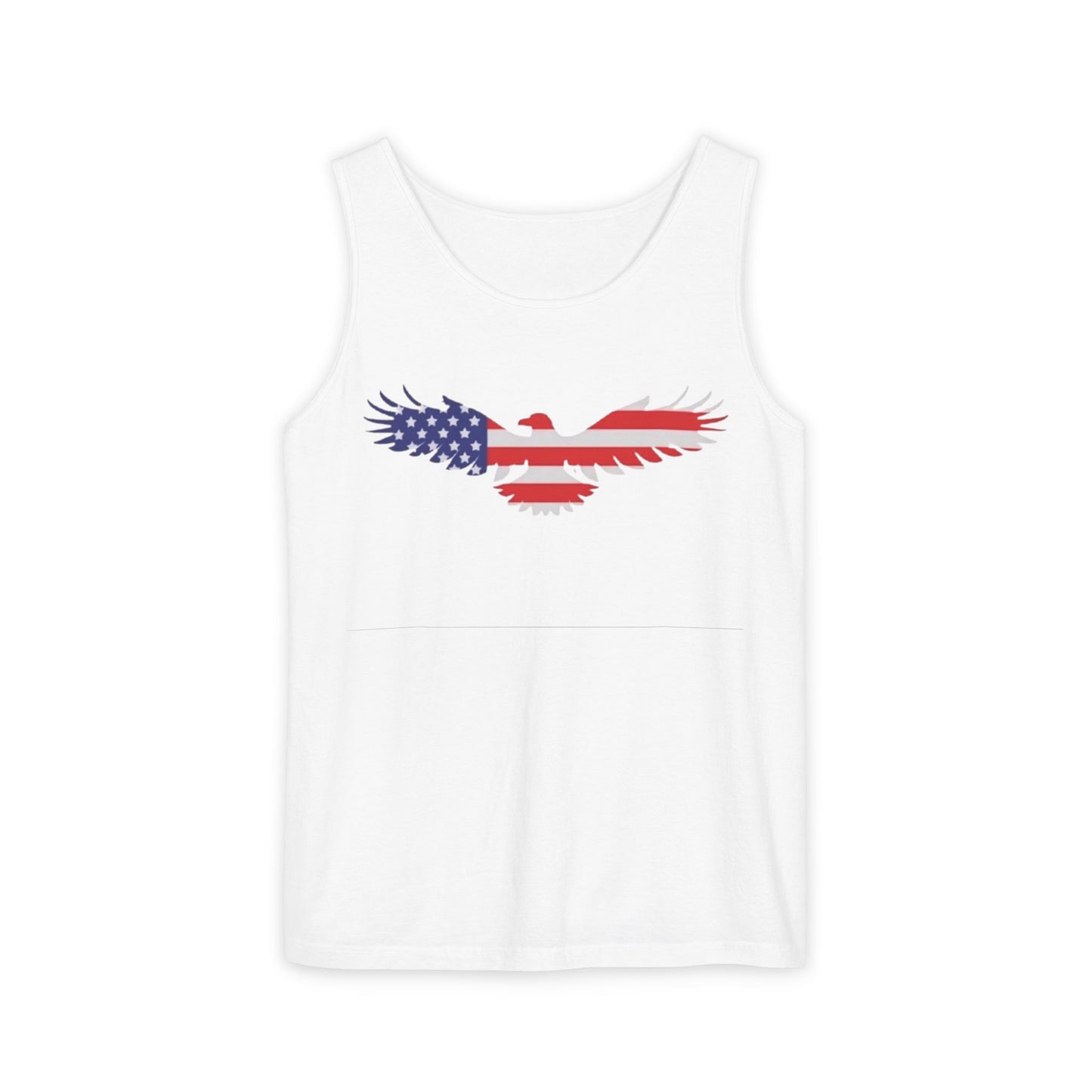 A white sleeveless tank top featuring a stylized eagle graphic on the chest filled with the American flag pattern of red and white stripes and a blue field with white stars.