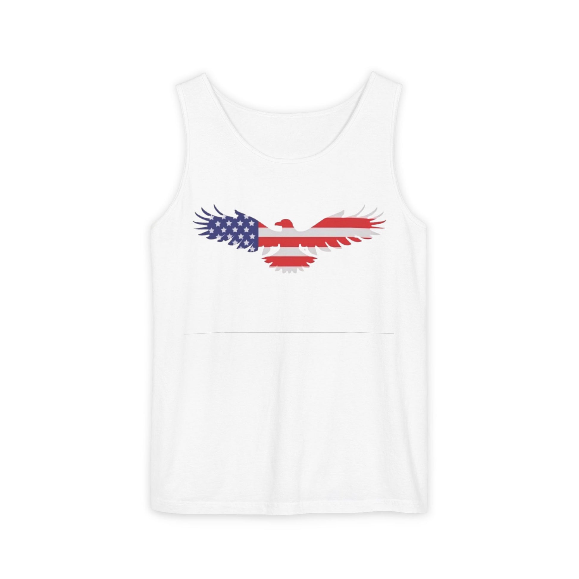 A white sleeveless tank top featuring a stylized eagle graphic on the chest filled with the American flag pattern of red and white stripes and a blue field with white stars.