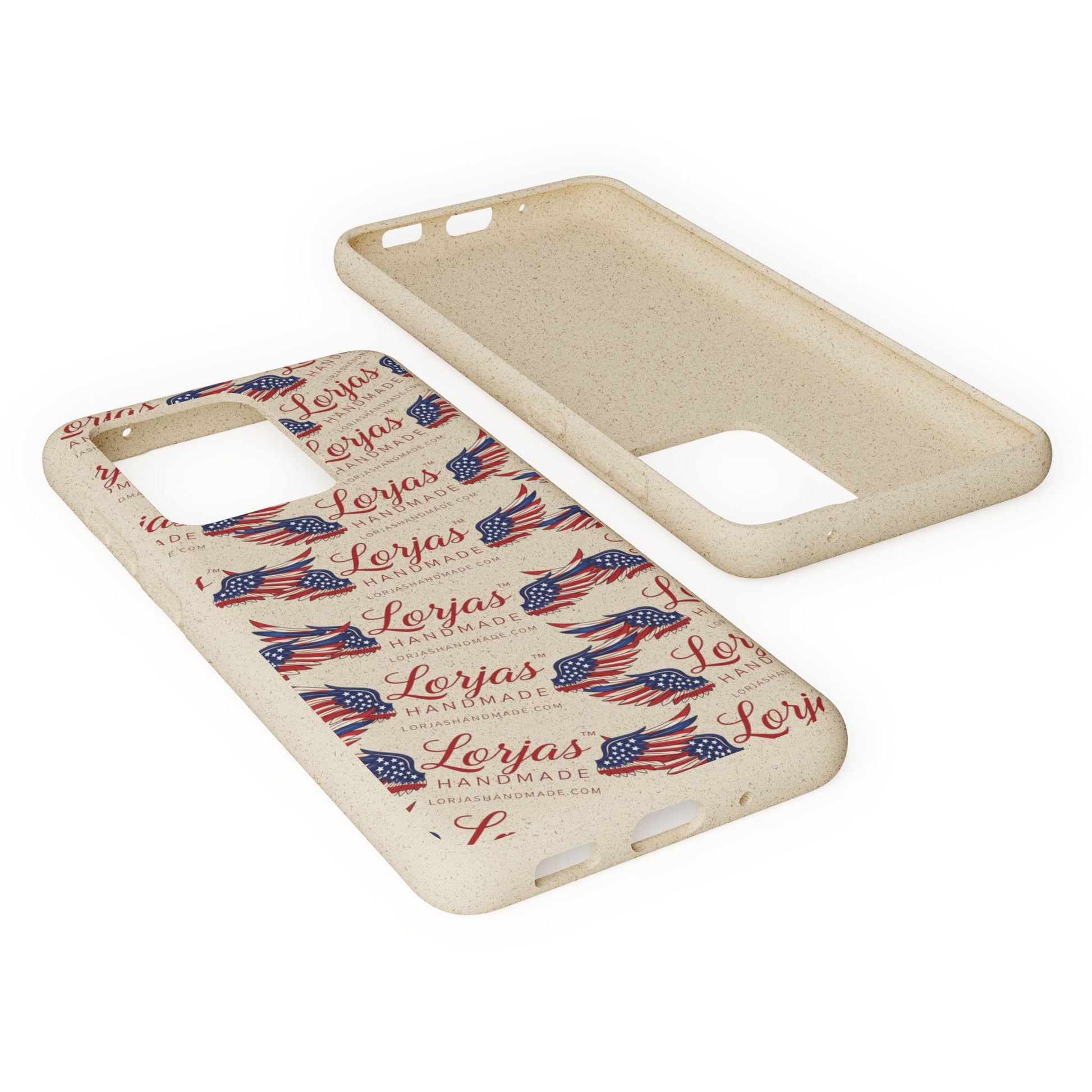Phone case with American flag design and 'Lorjas Handmade' text on a white background
