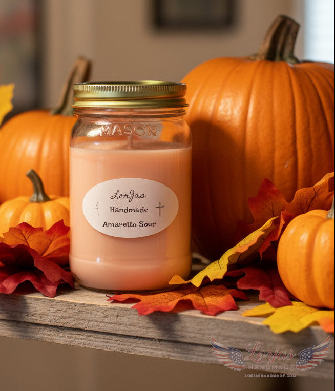 LorJas Handmade organic food-grade hand-poured soy scented candle in a 16 ounce mason jar with a label on a wooden shelf surrounded by pumpkins and fall leaves.