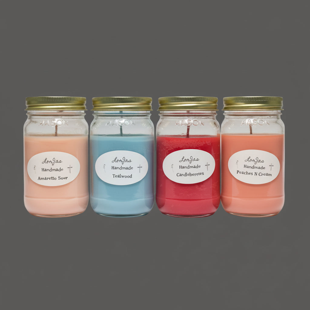 Four jars of LorJas Handmade organic soy scented candles with branded labels on gray background.