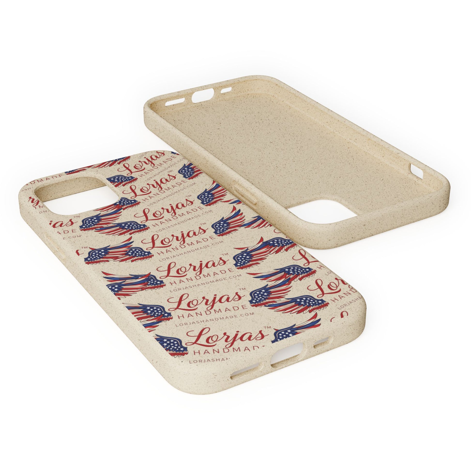 Phone case with American flag design and 'Lorjas Handmade' text on a white background
