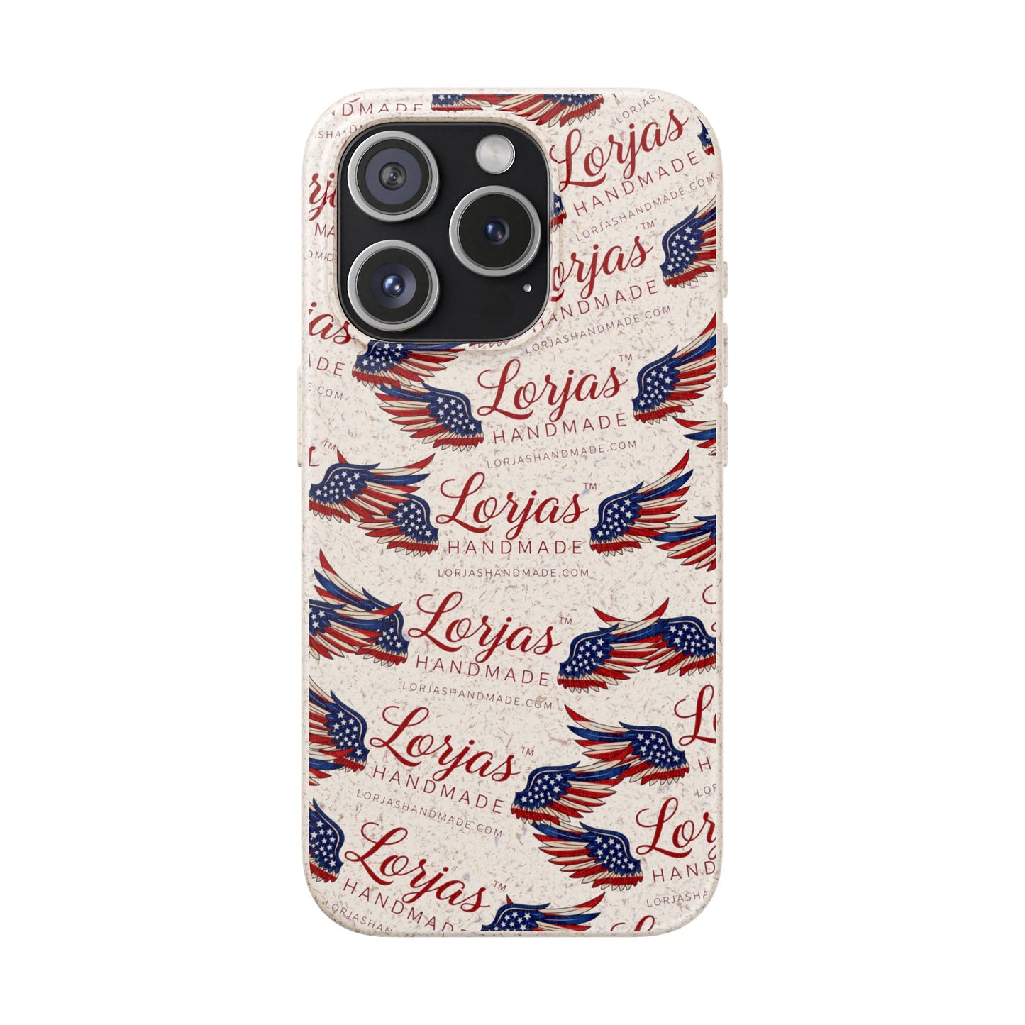Phone case with American flag design and 'Lorjas Handmade' text on a white background