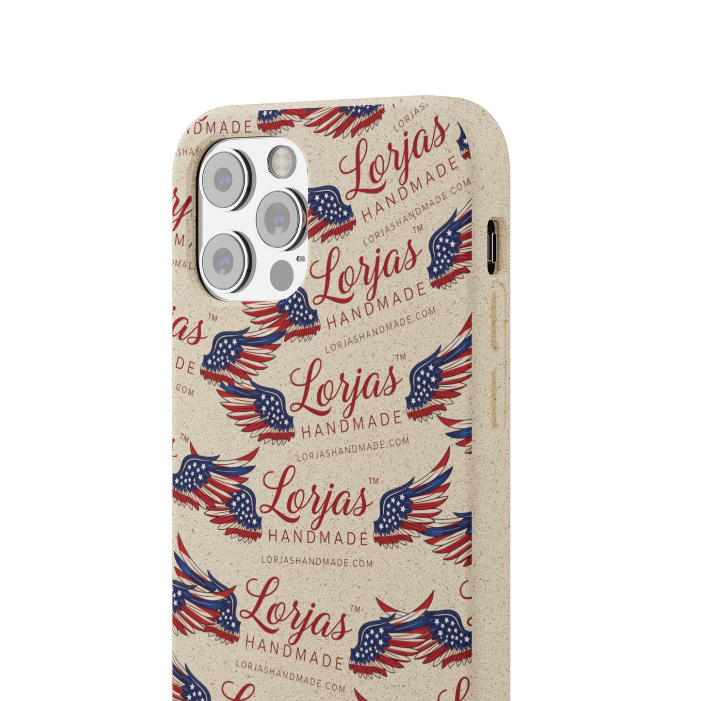 Phone case with American flag design and 'Lorjas Handmade' text on a white background